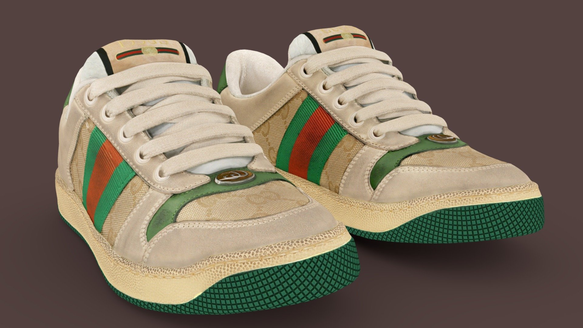 A Very Detailed scanned shoes with High-Quality .Reay to use in virtual try on project.

The Mesh is UV unwrapped.

4096x4096 difuse map Texture Maps jpg format，in the compressed file rar.

The textures is lighting baked,the texture is uploaded to preview images.

File contains :

FBX .OBJ .stl.collada(dae).Difuse map Texture(jpg format).

If you want to change the colorway of the shoes, it is easy to do with photopshop. If you want to change the colorway or decrease the polycourt ,I am willing to do it.

This is a professional scanning agency, if you want any other shoes, Don't hesitate to tell me.It will helps a lot.we are available for custom shoes scan.

Don't forget to check my other sneakers,Have a nice day：） - GUCCI Screener GG - Buy Royalty Free 3D model by Vincent Page (@vincentpage) 3d model