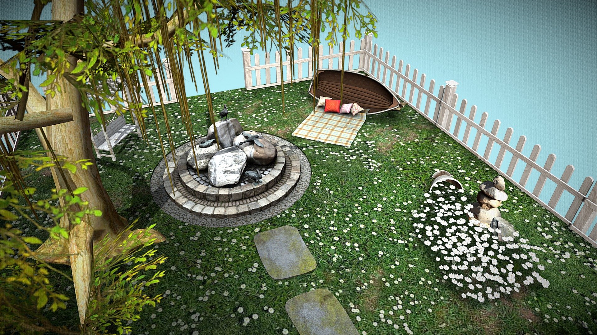 A garden fun project made on Sunday.

Took a couple of hours of work, Most of the stuff and textures where made by me, things like the fountain and the vase were downloaded from sketchup optimize and used on my scene.
Have fun I hope you enjoy it - Sunday Garden Fun - Download Free 3D model by directorfmmg 3d model