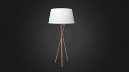 Three-legged floor lamp with white fabric shade lamp, blender