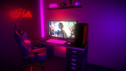 3d Gaming Room with Gaming Setup room, led, computer, lcd, mouse, gaming, cpu, setup, camera, etc, lighting, 3d, 3dgamingroom, lighingcpu