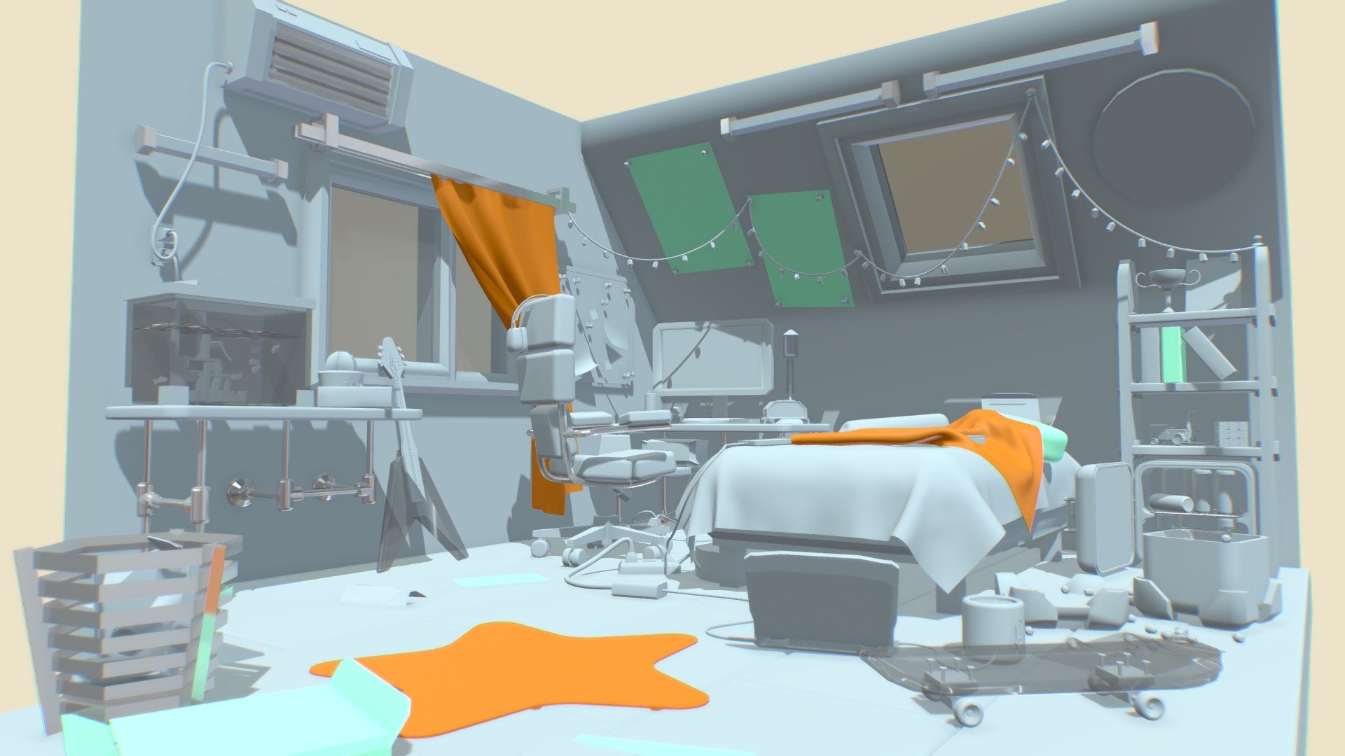 I tried catching the atmosphere of a teen's bedroom, in the near future. I'm still experimenting with the balance between hard and soft surfaces, it's the first time I bring both together in a scene. I found Maya's particle, fur and cloth physics to be quite easy to grasp at least at a basic level 3d model