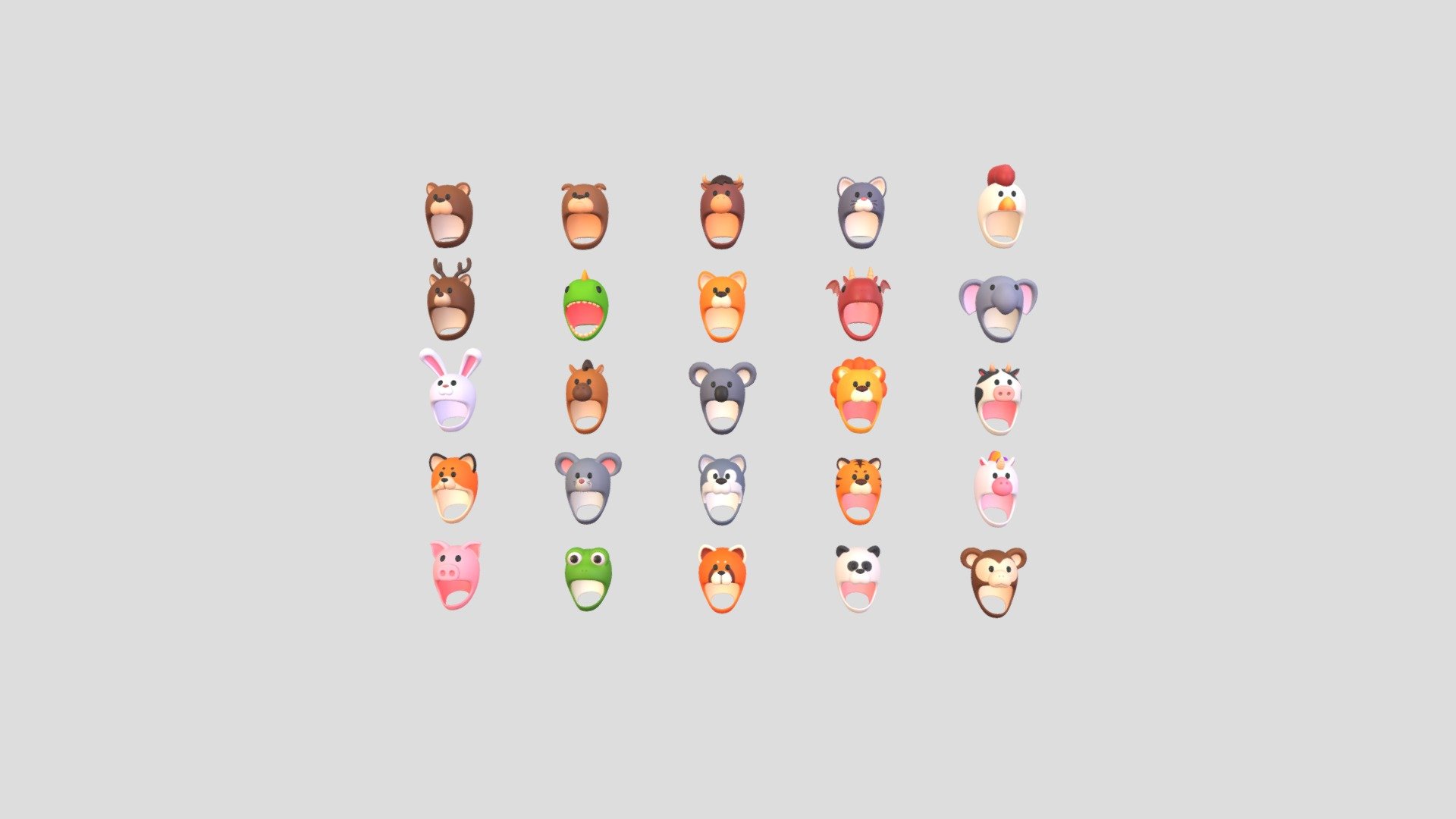 Animal Hat 3d model Pack.      
    


25 Hats  

- Bear Hat  
 
- Bulldog Hat  
 
- Bull Hat 
 
- Cat Hat 
 
- Chicken Hat 
 
- Cow Hat 
 
- Deer Hat 
 
- Dinosaur Hat 
 
- Dog Hat 
 
- Dragon Hat 
 
- Elephant Hat 
 
- Fox Hat 
 
- Frog Hat 
 
- Horse Hat 
 
- Koala Hat 
 
- Lion Hat 
 
- Monkey Hat 
 
- Panda Hat 
 
- Pig Hat 
 
- Rat Hat 
 
- Red Panda Hat 
 
- Tiger Hat 
 
- Unicorn Hat 
 
- Bunny Hat 
 
- Wolf Hat 
  
 

File Format      
 
- 3ds max 2023  
 
- FBX  
 
- OBJ  
    


Clean topology    

No Rig                          

Non-overlapping unwrapped UVs        
 


PNG texture               

2048x2048                


- Base Color                        

- Normal                            

- Roughness                         

 - Pack002 Animal Hat Pack - Buy Royalty Free 3D model by BaluCG 3d model