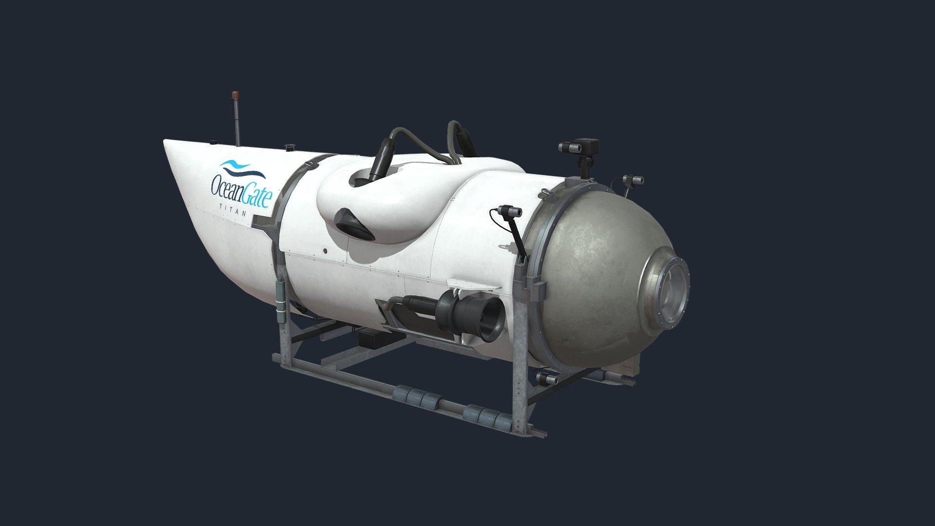 On 18 June 2023, Titan went missing in the North Atlantic Ocean off the coast of Newfoundland. The submersible was carrying an expedition of tourists, including Hamish Harding, Paul-Henri Nargeolet, Shahzada Dawood and his son Suleman, and the founder of OceanGate, Stockton Rush, to view the wreckage of RMS Titanic. The disappearance of the submersible triggered extensive search and rescue efforts - OceanGate Titan submarine - Buy Royalty Free 3D model by Tim Samedov (@citizensnip) 3d model