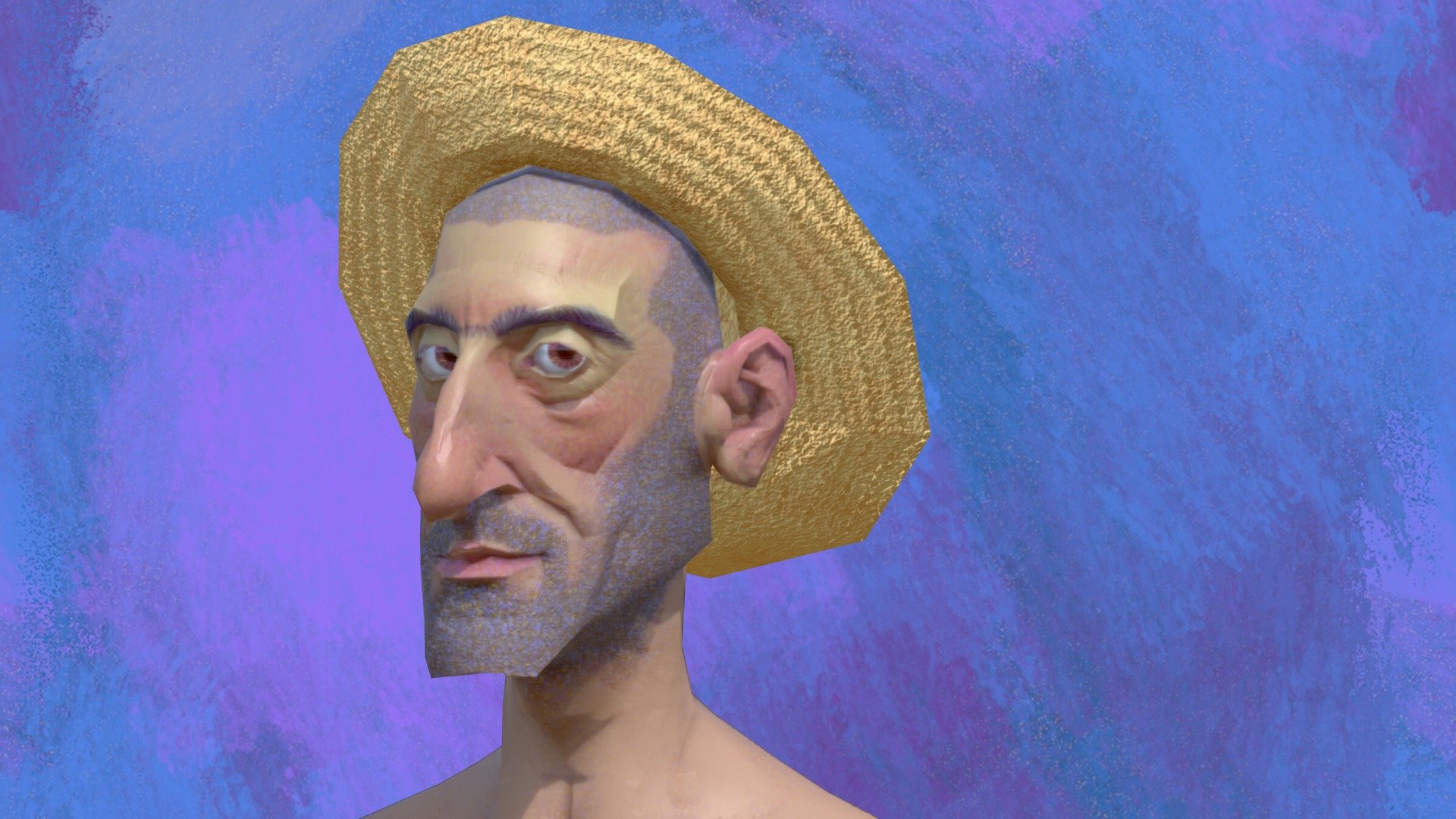 The idea behind this avatar was to make a stylized, painterly looking 3D portrait with minimal geometry, emphasizing on texture painting, and use of physically accurate materials, such as sub-surface scattering for the skin and translucent for the eyes' cornea, for a pseudo-realistic &ldquo;end look