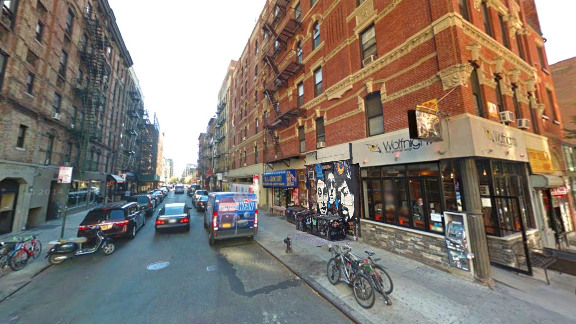 On Rivington St / Ludlow St, New York. 

From 75 pictures shot on iPhone 6. Processed with Photoscan. Cropped with Blender. Google Street View background 3d model
