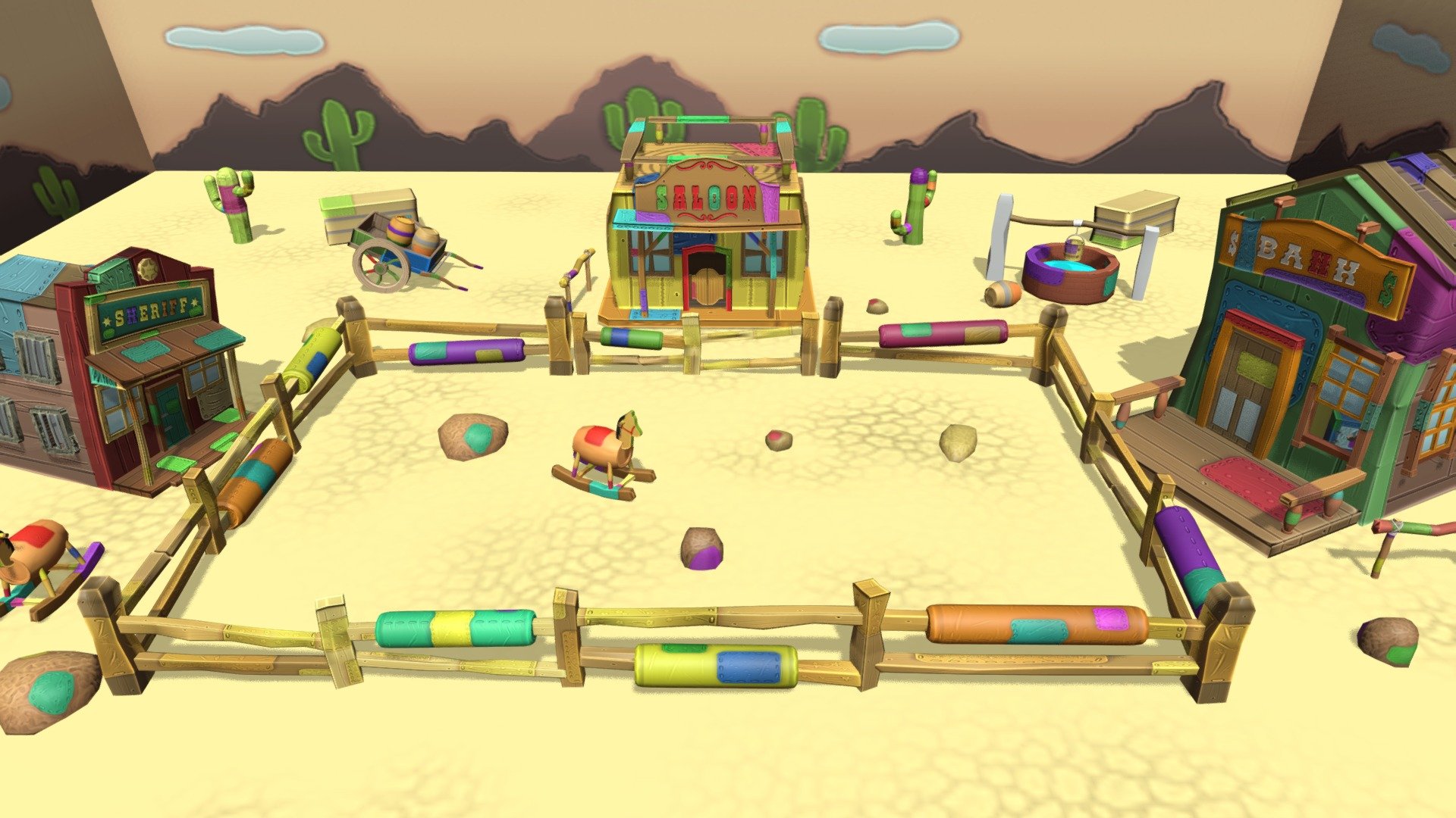 Hi! This is my Western Arena for the game Sweet Dreams that i'm responsible for the scenery. I made all in Maya 2016 and a help in Zbrush to make the normal map. The texture i made in photoshop. 
Sweet Dreams is a multiplayer game about pillow fight, 2 - 4 players. Is a indie game! 
The idea of the game is that (almost) everything is a toy, colorful and cute. That's why this scenery is like this :)
Look for us on Facebook! @sweetdreamsgame 



Oi! Esta é a minha Arena de Faroeste para o jogo Sweet Dreams, que sou responsável pelo cenário. Eu fiz tudo em Maya 2016 e uma ajuda em ZBrush para fazer o mapa de normal. A textura eu fiz no photoshop.
Sweet Dreams é um jogo multiplayer sobre guerra de travesseiros, 2 a 4 jogadores. É um jogo indie!
A ideia do jogo é que (quase) tudo é um brinquedo, colorido e fofo. É por isso que esse cenário é assim :)
Procure-nos no Facebook! @sweetdreamsgame - Western Arena - Sweet Dreams - 3D model by vitoriatobias 3d model