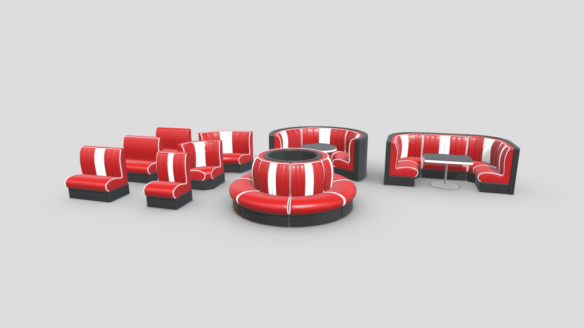 Retro diner booth 3D model collection that I made using Blender. It includes several variations of booths ready to be used in any diner or restaurant related scene. Each model uses materials that have been baked into their own PBR material.

Included Models:




3 variations of a 2-person booth

1 single booth, 1 square booth corner, 1 semi circle booth piece

1 circular booth set, 1 square booth set, 1 circular waiting booth set

1 rectangular table, 1 circular table

Features:




Models made using 2K PBR textures in PNG format and use the metalness workflow

Models have been manually UV unwrapped

Textures can be scaled down and edited

Blend files have pre-applied materials/textures with camera and lighting setups 

Models exported in FBX, OBJ, GLTF/GLB, DAE/Collada formats

Includes GLTF file type instructions and help document 

Includes rendered images, wireframes, and extras

Included Textures:




AO, Diffuse, Roughness, Gloss

UVLayout

 - Retro Booth Collection - Buy Royalty Free 3D model by Pickle55100 3d model