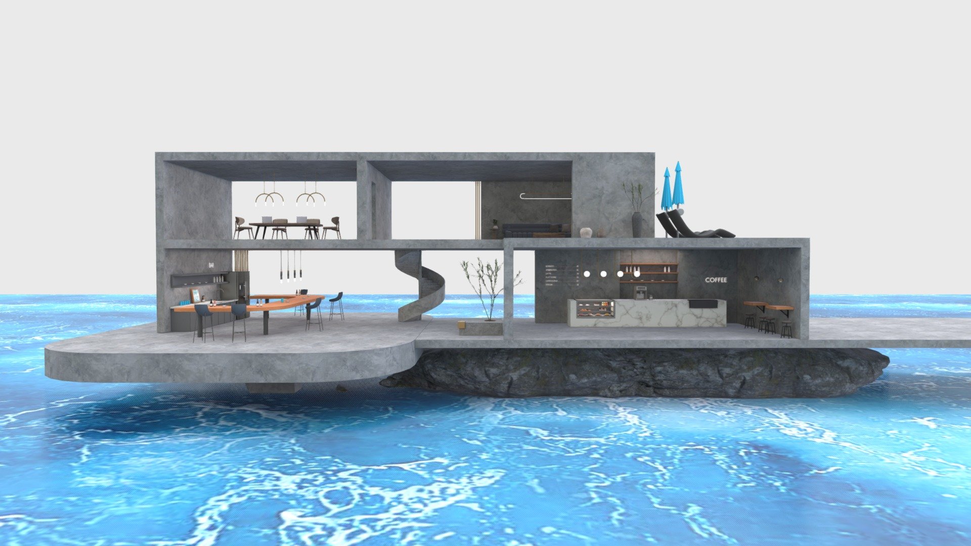This is an open space on the sea or lake, based on the stone, concrete constructure frame, give it a modern and industrial looking style.
It combines bar, counter, meeting room and balcony, suit for party holding or showcasing.




Scaled in real world dimensions

Hi res textures baked

🔥Note: Spatial seat hotspots supported ( You need to download the additional files which named “with hotspots” )

🔥Note: High quality baking pics supported ( You need to download the additional files which named “High quality baking pics” ) - Ocean Villa | Island Studio | Baked - Buy Royalty Free 3D model by ChristyHsu (@ida61xq) 3d model