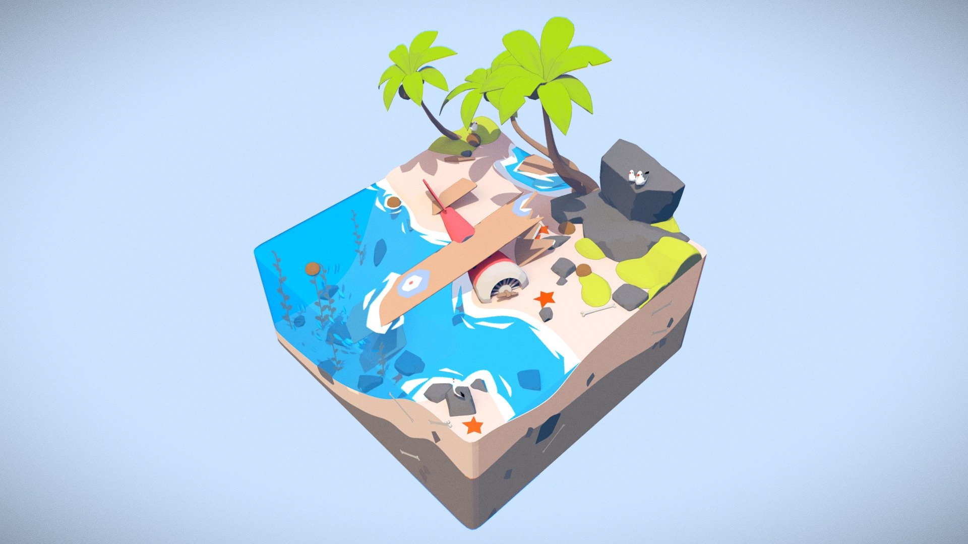 A small diorama that I've done for fun a while ago. Now spent some time to revisit it, convert a shader, bake light to textures and upload here 3d model