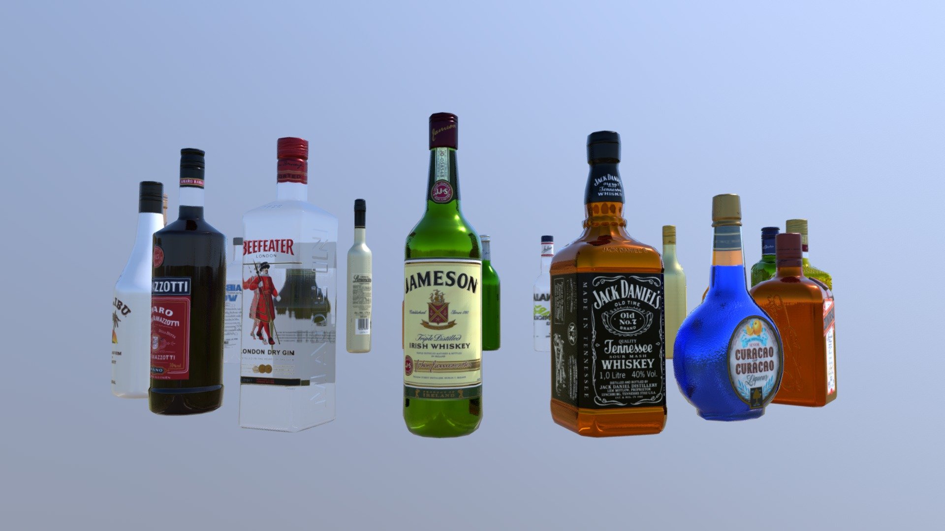 For the need of a project, I required bottles of liquor. I found some of them available for free on the internet, but they were not optimized for real-time display. So I rebuilt them and I offer them to you for free. I also added two bottles of my creation.

⚠ Each bottle has its own 2048px² maps. The &ldquo;Atlas unwrap