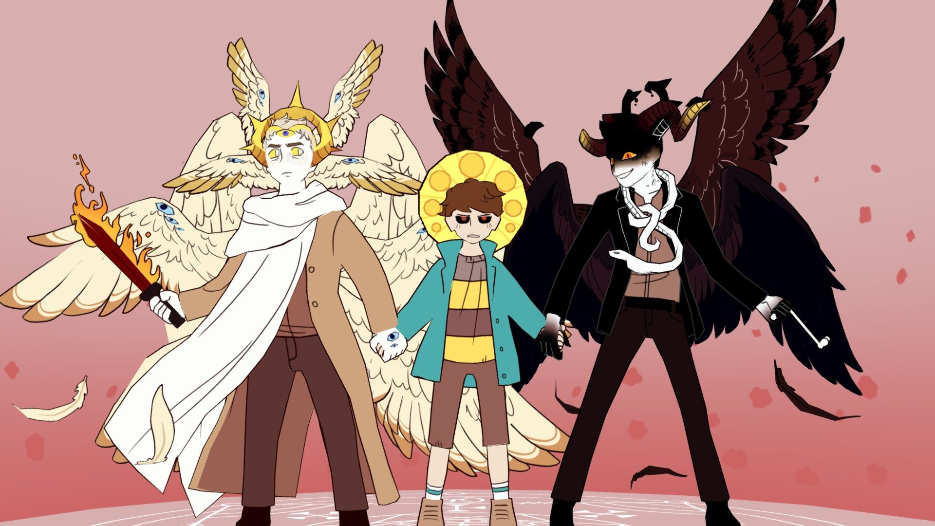🎨 Based on Good Omens fanart by Rachel: https://twitter.com/rhymewithrachel/status/1143022283625324545?s=20 🎨

Made using ZBrush (for blocking out bigger shapes quickly) + Maya + Clip Studio Paint.

It's been a fun (and sometimes tedious lol) summer project! I've never tried making toon outlines before but I like it a lot! I also discovered that wings are also surprisingly fun to model 3d model