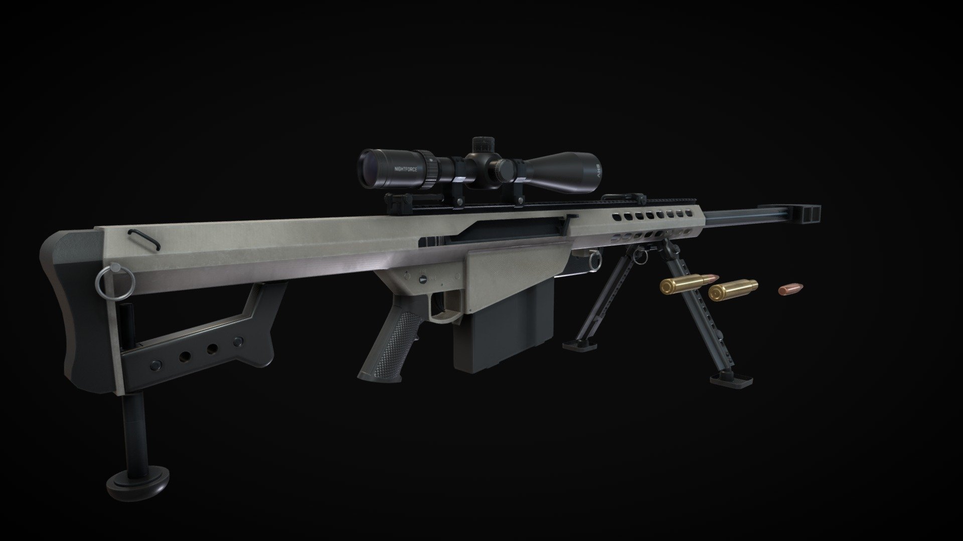 Barrett M82 A1
NightForce SHV 4-14x50 F1 Scope
Magazine and .50 Cal Rounds.

Barrett gun has 3 materials, Scope has 1 material and the magazine and .50 cal cartridge has 1 shared material with 4k textures.

Barrett M82 A1 Gun : 197,163 tris
NightForce Scope : 15,365 tris
Barrett M82 A1 Magazine : 508 tris
.50 BMG, 12.7×99mm NATO Cartridge : 2,874
.50 BMG, 12.7×99mm NATO Fired Cartridge : 1,468
.50 BMG, 12.7×99mm NATO Bullet : 1,406 - Barrett M82 A1 - Download Free 3D model by Gintoki1234 3d model