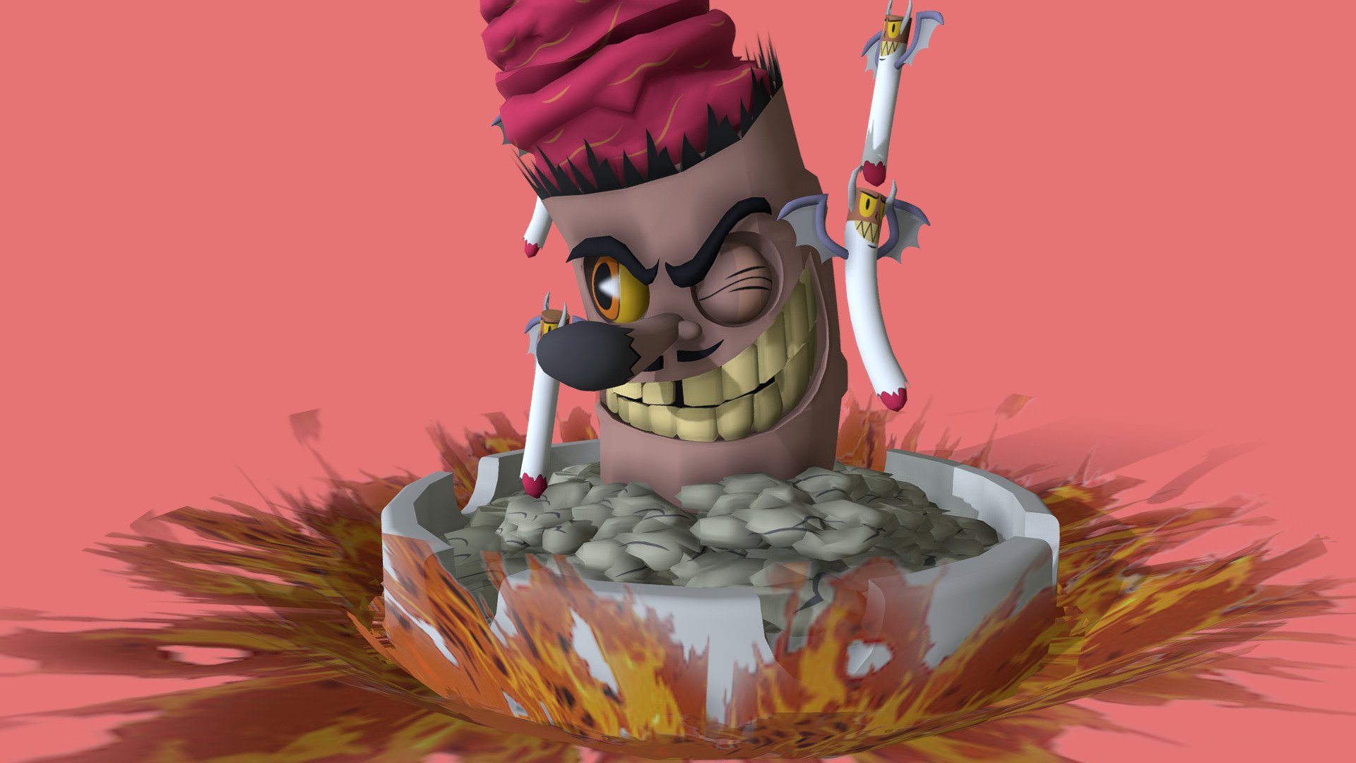 Mr. Wheezy is a giant suggestively-shaped cigar that appears in the boss fight with King Dice when landing on Space 3. He is fought on two ashtrays which act as platforms 3d model