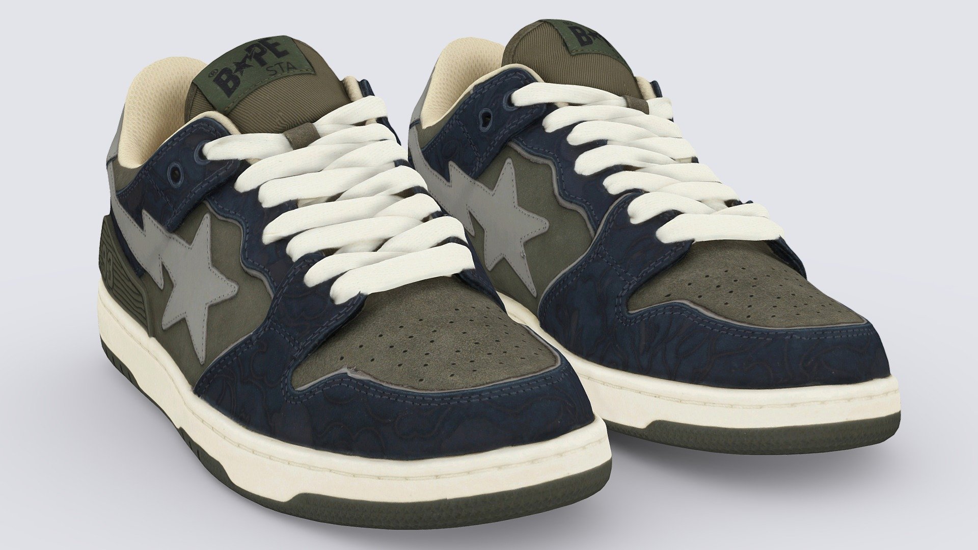 A Very Detailed scanned shoes with High-Quality .Reay to use in virtual try on project.

The Mesh is UV unwrapped.

4096x4096 difuse map Texture Maps jpg format，in the compressed file rar.

The textures is lighting baked,the texture is uploaded to preview images.

File contains :

FBX .OBJ .stl.collada(dae).Maya2019,Difuse map Texture(jpg format).

If you want to change the colorway of the shoes, it is easy to do with photopshop. If you want to change the colorway or decrease the polycourt ,I am willing to do it.

This is a professional scanning agency, if you want any other shoes, Don't hesitate to tell me.It will helps a lot.we are available for custom shoes scan.

Don't forget to check my other sneakers,Have a nice day：） - Bape SK8 STA Low sneaker - Buy Royalty Free 3D model by Vincent Page (@vincentpage) 3d model