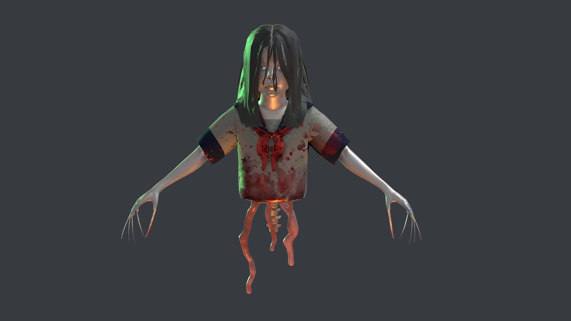 The Teke-Teke is an urban legend from Japan. She's a girl that fell on the train tracks and was cut in half by the train. In some versions of the story she's pushed by bullies and in others she simply falls. Either way she returns as a monster and hunts people. The only warning the victim has is the sound of her nails on the floor as she drags herself along. She will cut the legs off her victim and try to replace her own. 

Normally Teke-Teke is depicted as a teenager but I made mine closer to elementary school aged. In the hypothetical game she would be placed in I felt like the change would make her creepier. She was completely sculpted in ZBrush. Her low res was made in Maya and her textures were done in Substance Painter. I made the hair for the hair cards in Photoshop using a fiber filter, blur filter and smudge tool 3d model