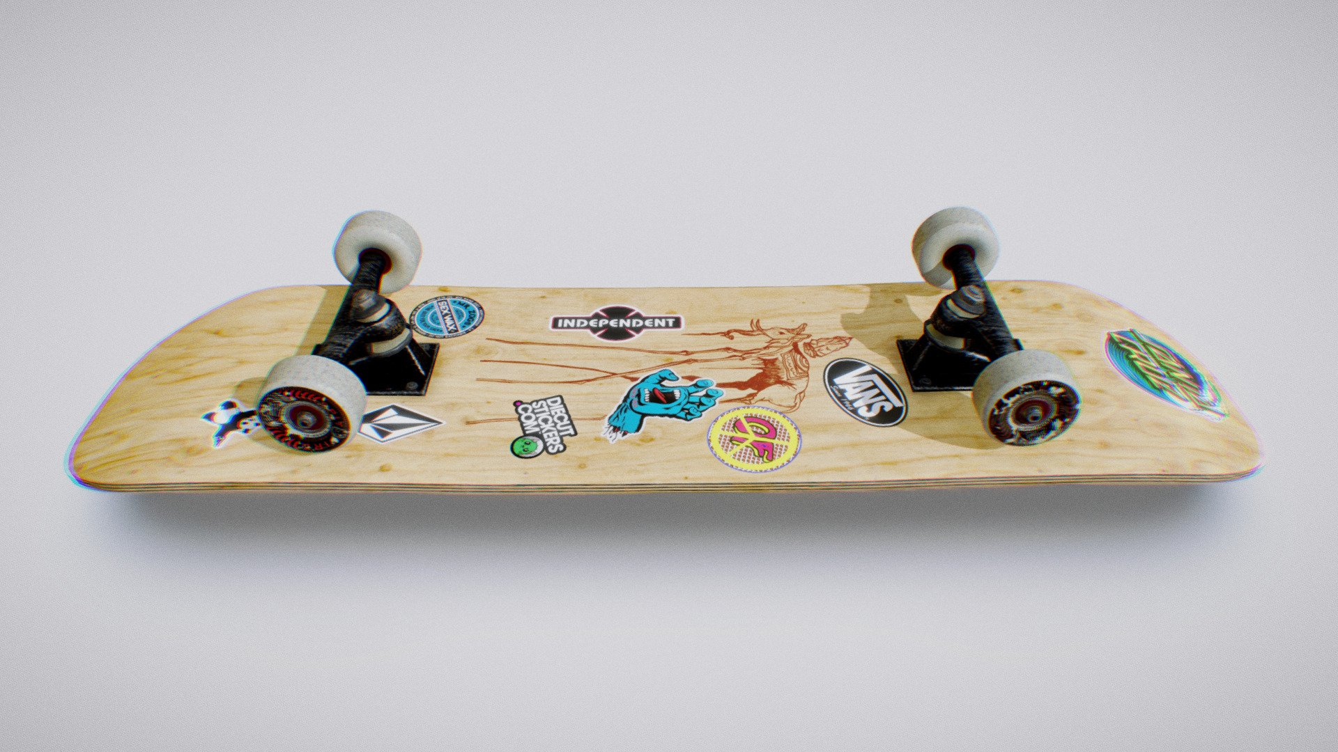 As a teenager, stickers meant the world to me ;)

A few improvements since the last iteration (everything in blender):




Stickers everywhere !

The wheels also have some stickers, with a metal feel to the golden parts.

I separated the exported board into 4 distinct materials to ease the baking and allow to set some translucency on the wheels and on the bushings.

There are now 4 textures in total (4096 for the board, 2048 for the trucks and wheels and 512 for the bushings), so the loading time is a little bit slow&hellip; I'll make texture atlases another time !

Cleaned up some code in BakeMyScan, that I use to manage PBR textures and do the baking operations.

I still have some improvements to make, considering at the same time the &ldquo;new