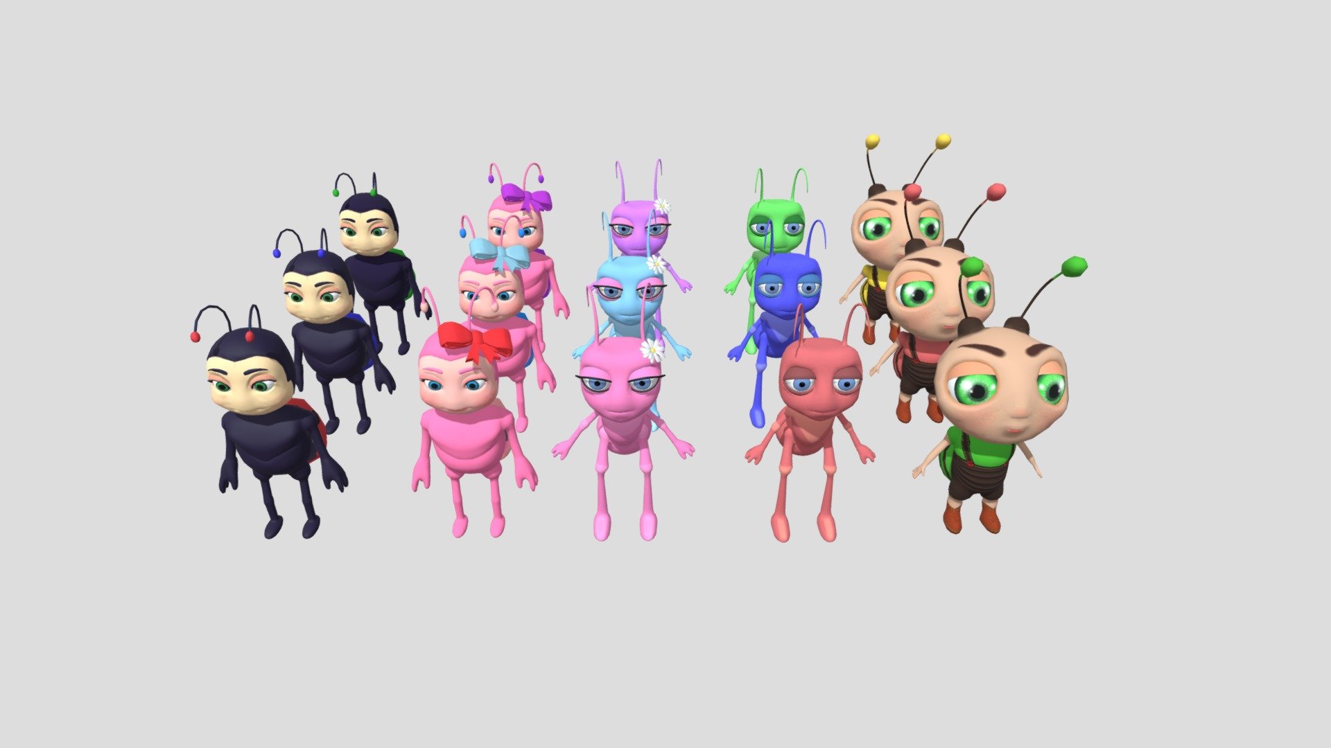 This package includes a variety of 3D models of different insects, which can be used to create cartoon insect-themed mobile games.
You can find a variety of high-quality, low-poly 3D models of different insects, including ants, ladybugs, and bees. Each character is fully rigged and animated, making them perfect for use in insect-themed games.

With this pack, you'll have everything you need to create a fun and engaging mobile game that will keep players coming back for more. So don't wait – download the Rigged LowPoly Bug Insects Ant Ladybug Bee Characters Pack today!

This pack includes Variations of Ants and Ladybugs.

Fully Rigged with Face Blendshapes.





Male Ladybug - 3 Color variations and flying animation




Female Ladybug - 3 Color variations and flying animation




Male Ant - 3 Color variations




Female Ant - 3 Color variations




Bee - 3 Color Variations


 - Insect Character Bundle: 15 Rigged Models - Buy Royalty Free 3D model by HayqArt 3d model