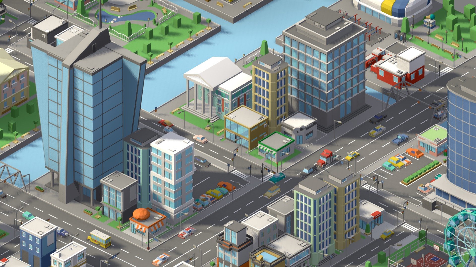Package:




Demo scene.

Where to use:





Games. Models optimized for game engines;




Multiplication;




Advertising and marketing;




NFT, metaverses;




VR / AR;




3d printing.



Features:





By combining assets, you can create your own unique city;




You can easily change the color of objects - using the UV map;




Pivot in the logical place of the object;




Model has a logical name.



Geometry:





414 unique assets;




286k triangles all pack.



Items:





Landscape (x97) 




Buildings (x150)




Stadiums (x10)




Park (x10)




Entertainment areas (x10) 




Car (x52) 




Bus (x10)




Truck (x10)




Trailer (x5)




Ships (x10)




Air (x10)




Props (x39)



Scale: 

Real-world-size

Material:

All models use one materials (color) 

Textures:

All models use one texture (as a color palette);

Resolution: 1024 px.

If you liked this package, please leave a review! Creativity to you! - City 1 - Buy Royalty Free 3D model by ithappy 3d model
