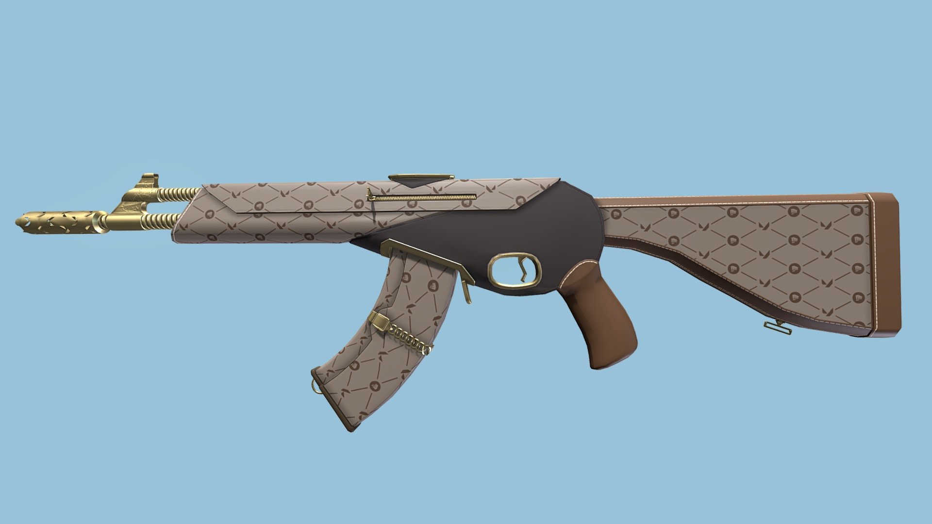This Concept is a Skin For the Vandal in Valorant. My goal for this skin was to combine high-end fashion, specifically handbags. I took reference for the bag from Gucci, Louis Vuitton, and Versace. I also Looked into the creation of gold plated and engraved weapons from Seatle Engraving Center. The project was modeled in Maya, baked and textured in Substance Painter, and touched up in Photoshop 3d model