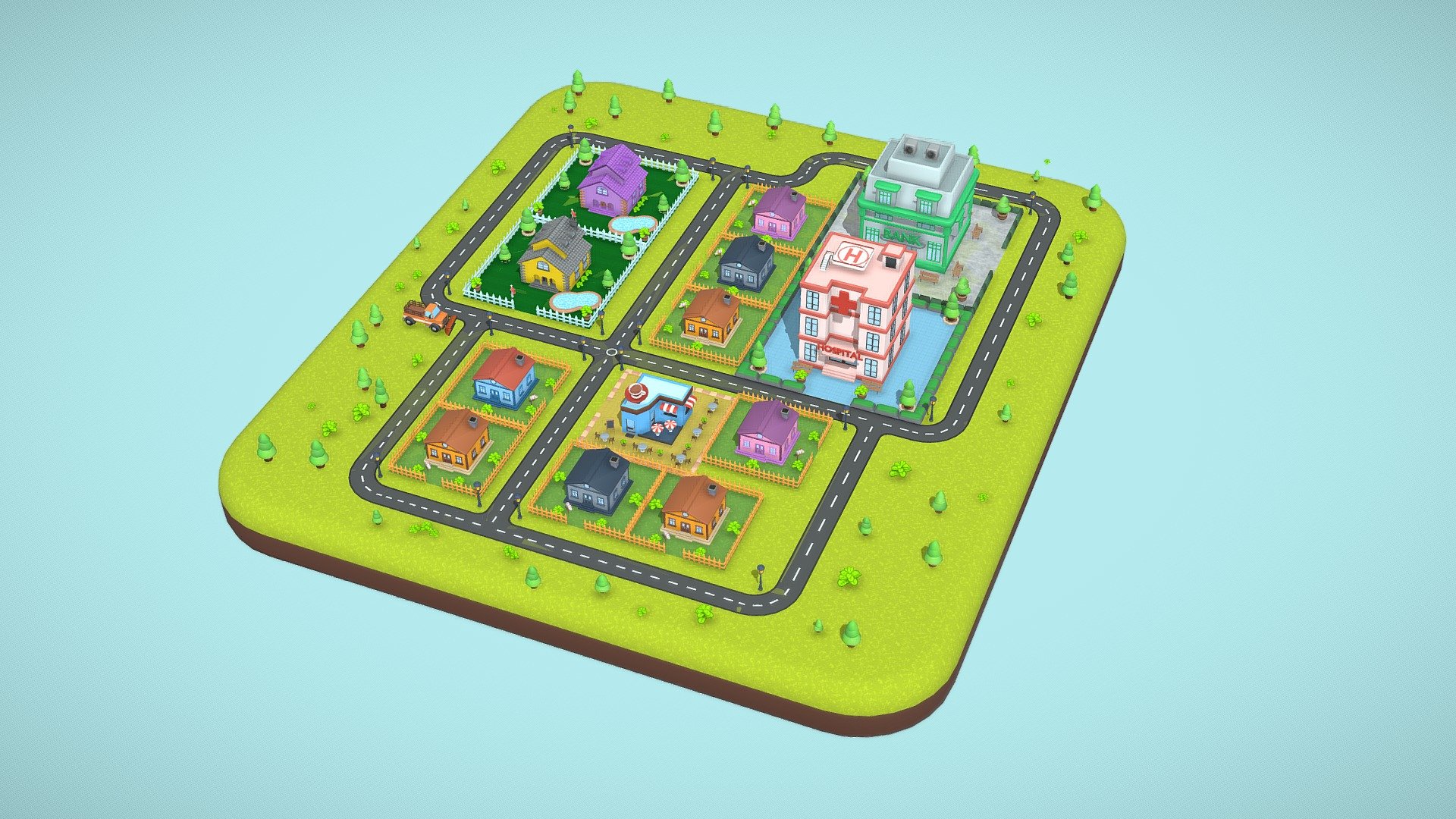 A collection of buildings and props that is used in a mobile city building game. It also consist of vehicles, workers and tools. 
Modular models makes it suitable for designing more cities with diverse layouts. The style is minimal to appeal to the casual players - Small Town Life - 3D model by berkay.id 3d model