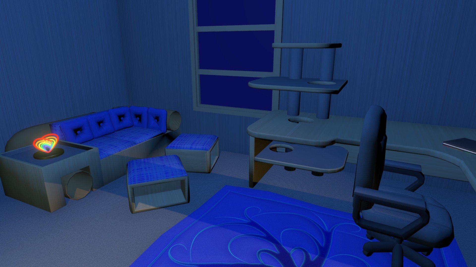 For a 3D Graphics Class at Lindenwood University I made this room.

It is a cat-friendly home studio/office for one that loves cats, rainbows, rain, clouds, and blue.

A combination of 3DS Max and blender was used to create the models.
Textures were created using ArtRage 6.

It features whimsical items such as:
* The &ldquo;Lost in the Clouds