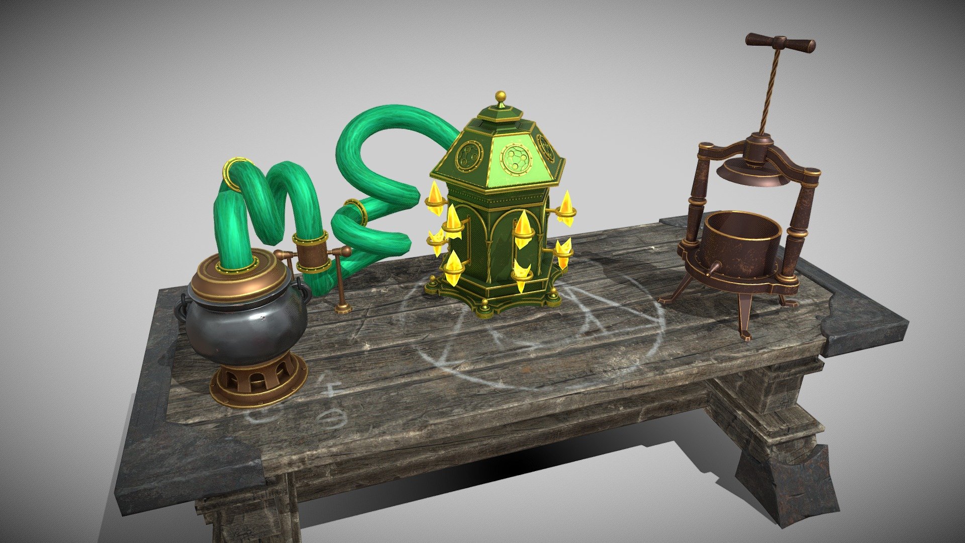 Cauldron - https://sketchfab.com/3d-models/stylized-cauldron-2d1a380582ef43e2ba165f8d3da7b41e
Table - https://sketchfab.com/3d-models/alchemy-table-game-model-ecc545e35e7c4d5dba91f94b98ba95b5 - Alchemy table - 3D model by demidrew 3d model