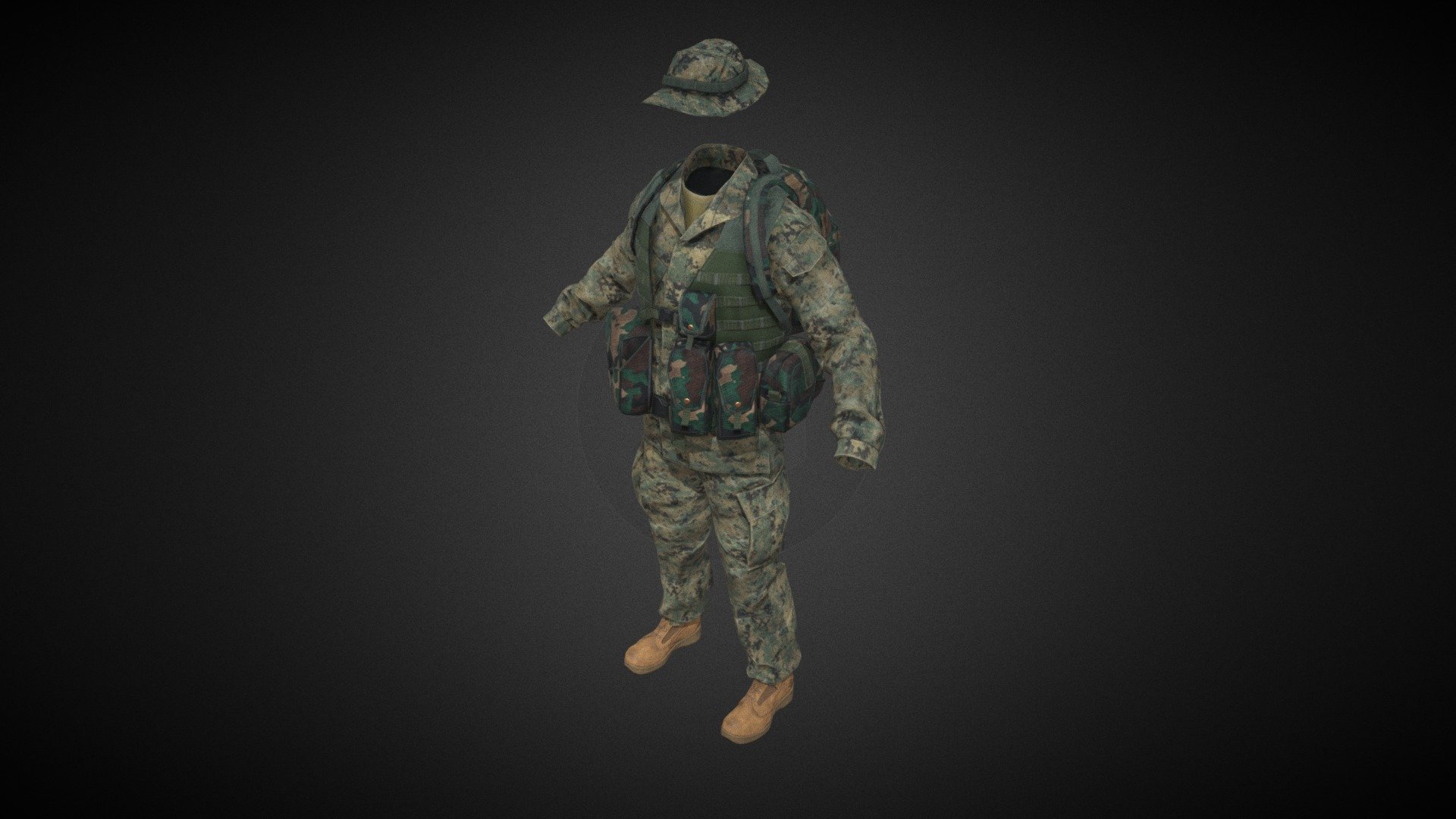 A rifleman may employ the M4 carbine, the M203 grenade launcher, the M27 Infantry Automatic Rifle, AT4 and M72 LAW rockets. Riflemen are the primary scouts, assault troops, and close combat forces available to the Marine Air Ground Task Force. They are the foundation of the Marine infantry organization, and as such are the nucleus of the fire team in the rifle squad, the scout team in the LAR squad, scout snipers in the infantry battalion, and reconnaissance or assault team in the reconnaissance units. Noncommissioned officers are assigned as fire team leaders, scout team leaders, rifle squad leaders, or rifle platoon guides.

Equipment was made for as a addon for ARMA Reforger - its available on workshop.

Textures was scanned from orginal equipment (made them seamless) and fitted on in SP.

That set was worn by riflemans in 2003 - 2005 3d model