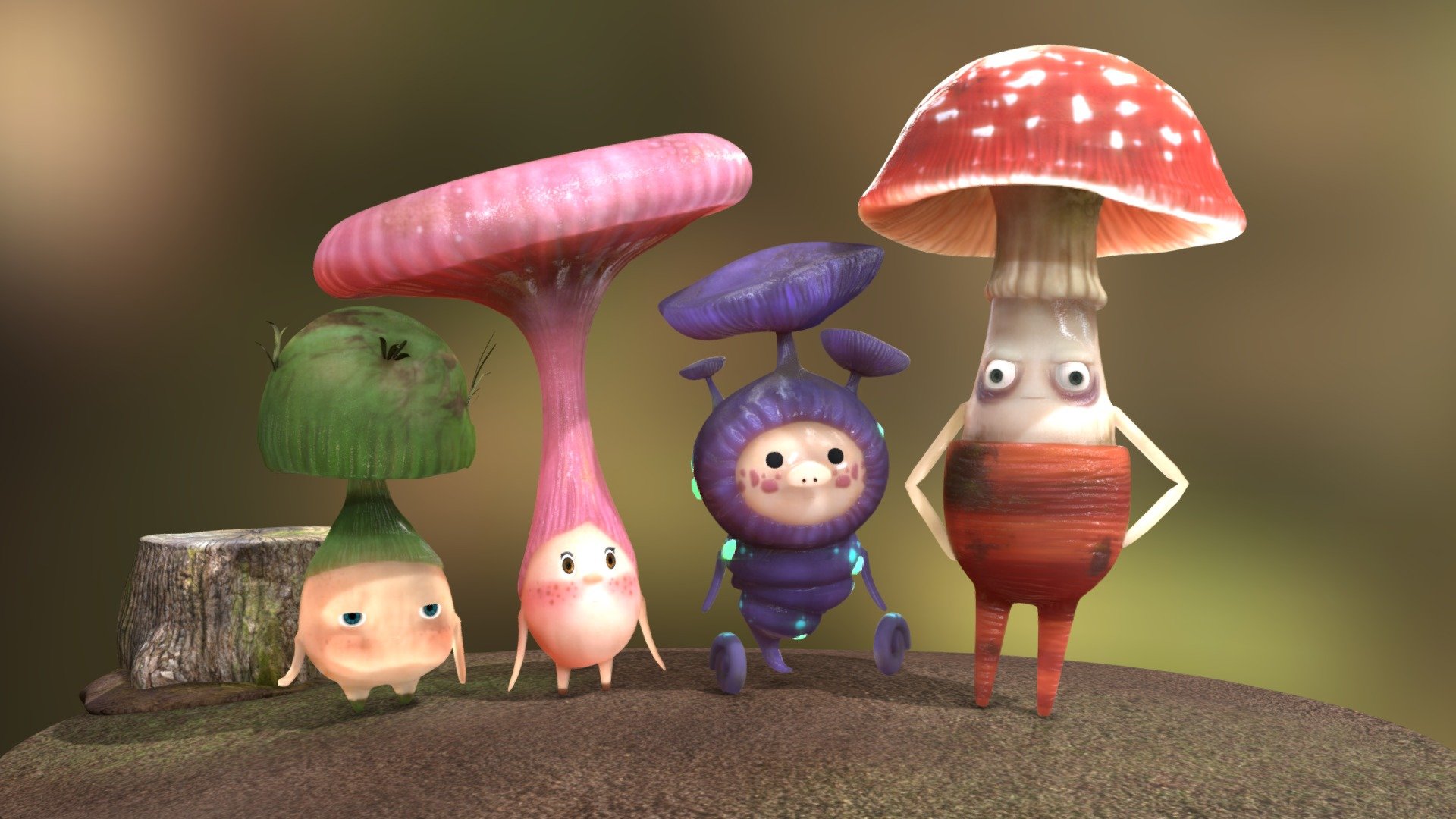 Mushroom Gang เห็ดเป็นสิ่งมีชีวิตเล็กๆ ที่อยู่ใกล้ชิดกับมนุษย์ อาศัยอยู่ทุกสภาพแวดล้อมบนโลก แม้งกระทั้งในอากาศ จึงได้หยิบยกเห็ดมาออกแบบคาแรคเตอร์ให้มีความน่ารัก และทุกคนเข้าถึงได้ง่าย เป็น ‘’มัชรูมแก๊ง’’ คาแรคเตอร์บุคลิกของมนุษย์จากเห็ดแต่ละชนิดที่มีลักษณะพิเศษเฉพาะตัวต่างกัน ไม่ว่าจะเป็นความน่ารักใจดีเหมือนเห็นนางฟ้า ความอ้วนกลมกินจุของเห็ด ตะโงกขาว เห็ดขี้โมโหหงุดหงิดอย่างเห็ดพิษ และเห็ดในป่ามืดมิดผู้มีความเศร้าขี้น้อยใจกว่าใครๆ แต่สามารถเป็นเพื่อนแก๊งเดียวกันบนโลกของพวกเขาได้ - Mushroom Gang - 3D model by Mushroom Studio (@Mushrooms01) 3d model
