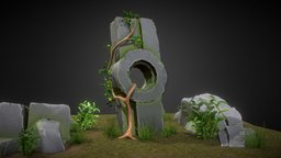 Ancient ruins scene, vegetation, stair, 3d, rock, temple