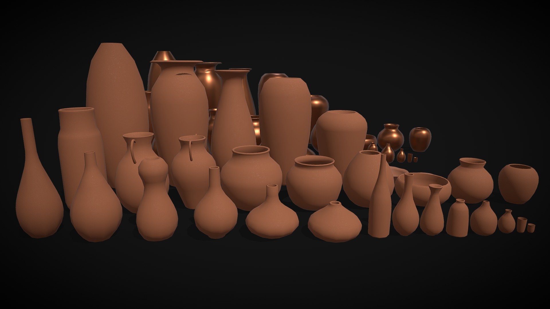 In this pack, you will get 30 Low poly mud pots with two texture variation(copper and mud).  Which has three-three tileable texture maps.
Diffuse map (512)
Metallic map (256)
Roughness (256)
You can use these assets in any game, AR and VR projects. 
And feel free to ask me if you need anythings else regarding these assets 3d model