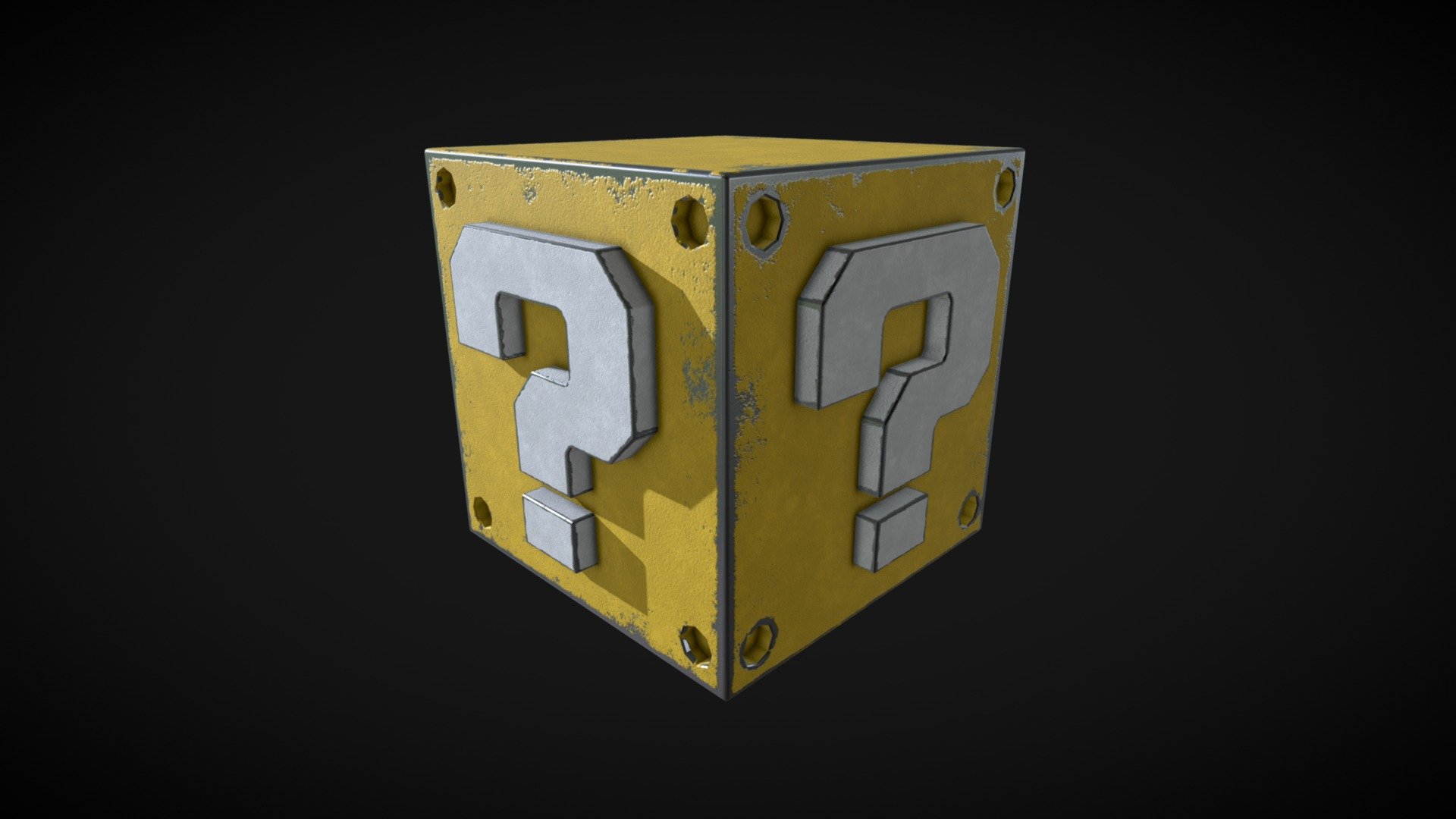 A yellow box with white question mark from the game Super Mario 3d model