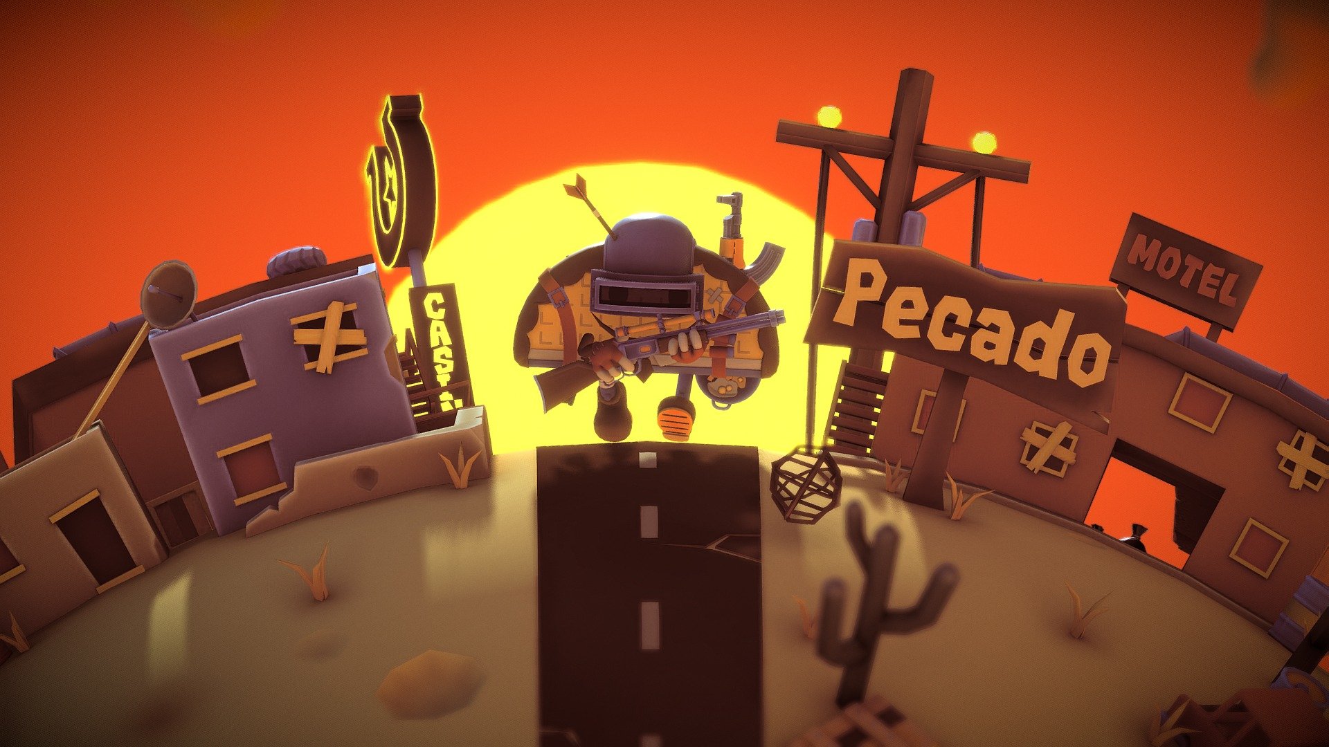 I started making a character inspired from the logo of Chocotaco, a twitch PUBG streamer. I was happy  with the result but it wasn t enough ,so i started building an enviroment around him&hellip;loosely based on PUBG's Miramar map. I wasn t following a plan or any concept&hellip;i just modeled alot of stuff and threw them in. The logistics got out of hand pretty quick and the whole project became a nightmare as it was coming to an end with the animation and texturing in mind. I have no words on how complicated the whole process was.

For those of you who don t know who Chocotaco is :
https://www.twitch.tv/chocotaco - El pollo es mio...feat Chocotaco - 3D model by Adrian Cojocaru (@FatOfTheLand) 3d model