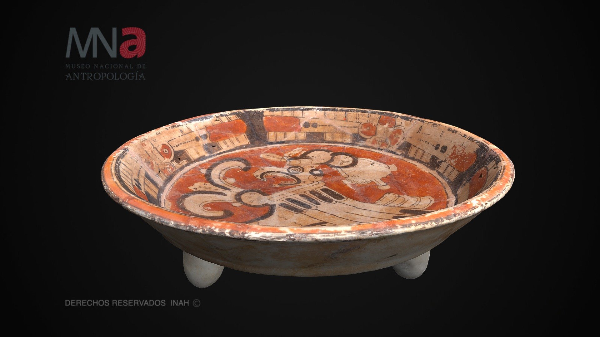 En los platos Cui Anaranjado es característica la representación de un ave mitológica que para los antiguos mayas era augur y emisaria de las deidades del inframundo. Esta cerámica se inscribe en una interesante tradición desarrollada durante el Clásico tardío (650-750 d.C.) en la región central de Campeche y el suroeste de Yucatán.
Por su asociación con el inframundo es común localizarlos en contextos funerarios, colocados boca abajo sobre el cráneo de los entierros.

Diámetro: 32.6cm
Alto: 8.6 cm
Espesor: 0.9 cm

http://www.mna.inah.gob.mx/coleccion/piezas-del-mes/anteriores/plato-cui-anaranjado-de-xcambo-yucatan.html - Plato maya Cui Anaranjado Polícromo - 3D model by Museo Nacional de Antropología (@mna_inah) 3d model