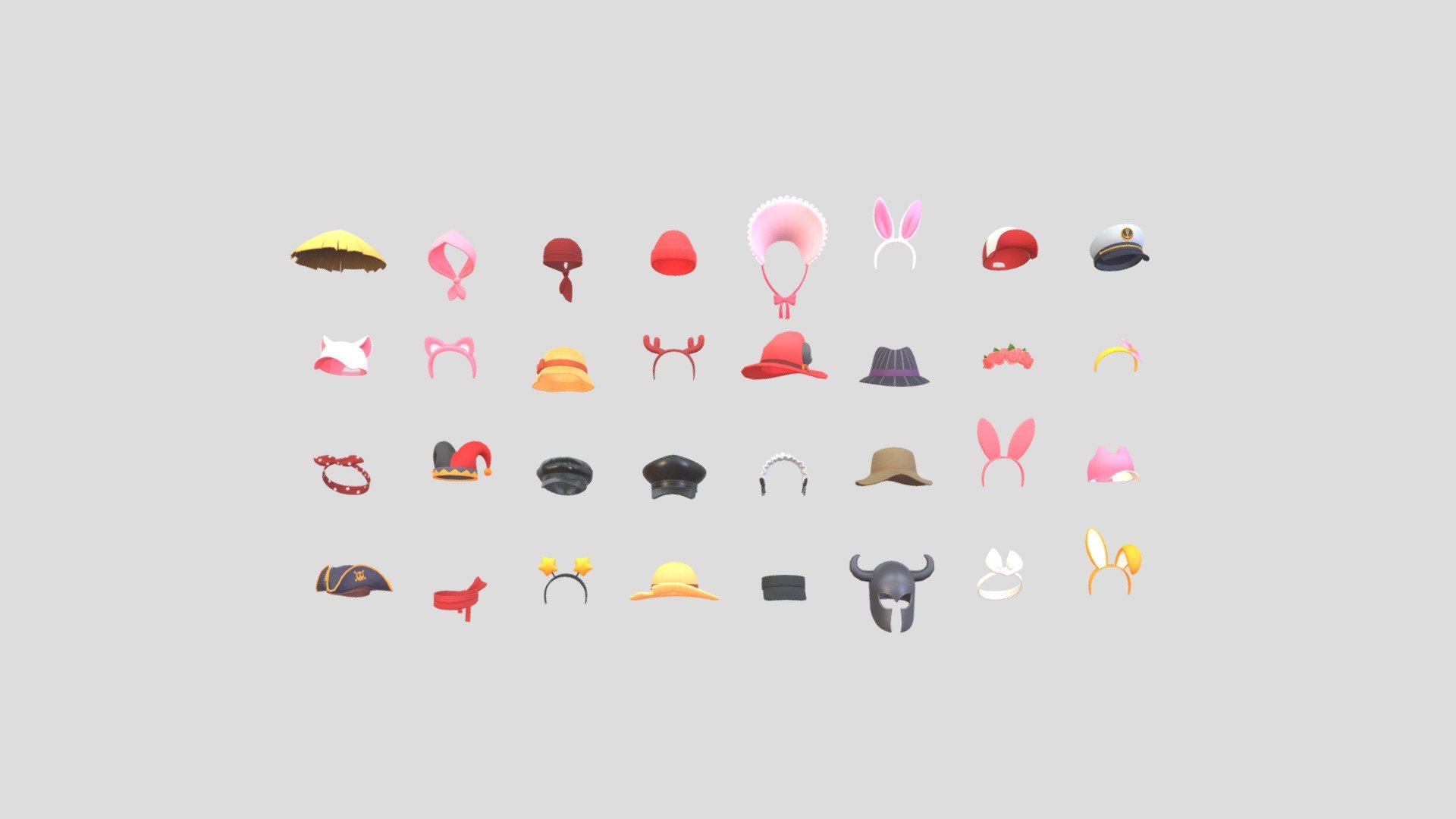 Cartoon Hat 3d model Pack.      
    


32 Hats  

- Bamboo Hat  

- Bandana 
- Bandana Hat 
- Beanie Hat
- Bonnet Hat
- Bunny Headband
- Cap 
- Captain Hat
- Cat Cap 
- Cat Headband 
- Cloche Hat
- Deer Headband 
- Elegant Hat 
- Fedora Hat 
- Flower Crown 
- Flower Headband 
- Headband 
- Jester Hat 
- Latex Beret Hat 
- Leather Hat 
- Maid Headband 
- Outdoor Hat 
- Pink Bunny Headband 
- Pink Cat Cap 
- Pirate Hat 
- Red Headband 
- Star Headband 
- Straw Hat 
- Visor Cap 
- Warrior Helmet 
- White Headband 
- Yellow Bunny Headband 

File Format      
 
- 3ds max 2023  
 
- FBX  
 

Clean topology    

No Rig                          

Non-overlapping unwrapped UVs        
 


PNG texture               

2048x2048                


- Base Color                        

- Normal                            

- Roughness                         

 - Pack003 Cartoon Hat Pack1 - Buy Royalty Free 3D model by BaluCG 3d model
