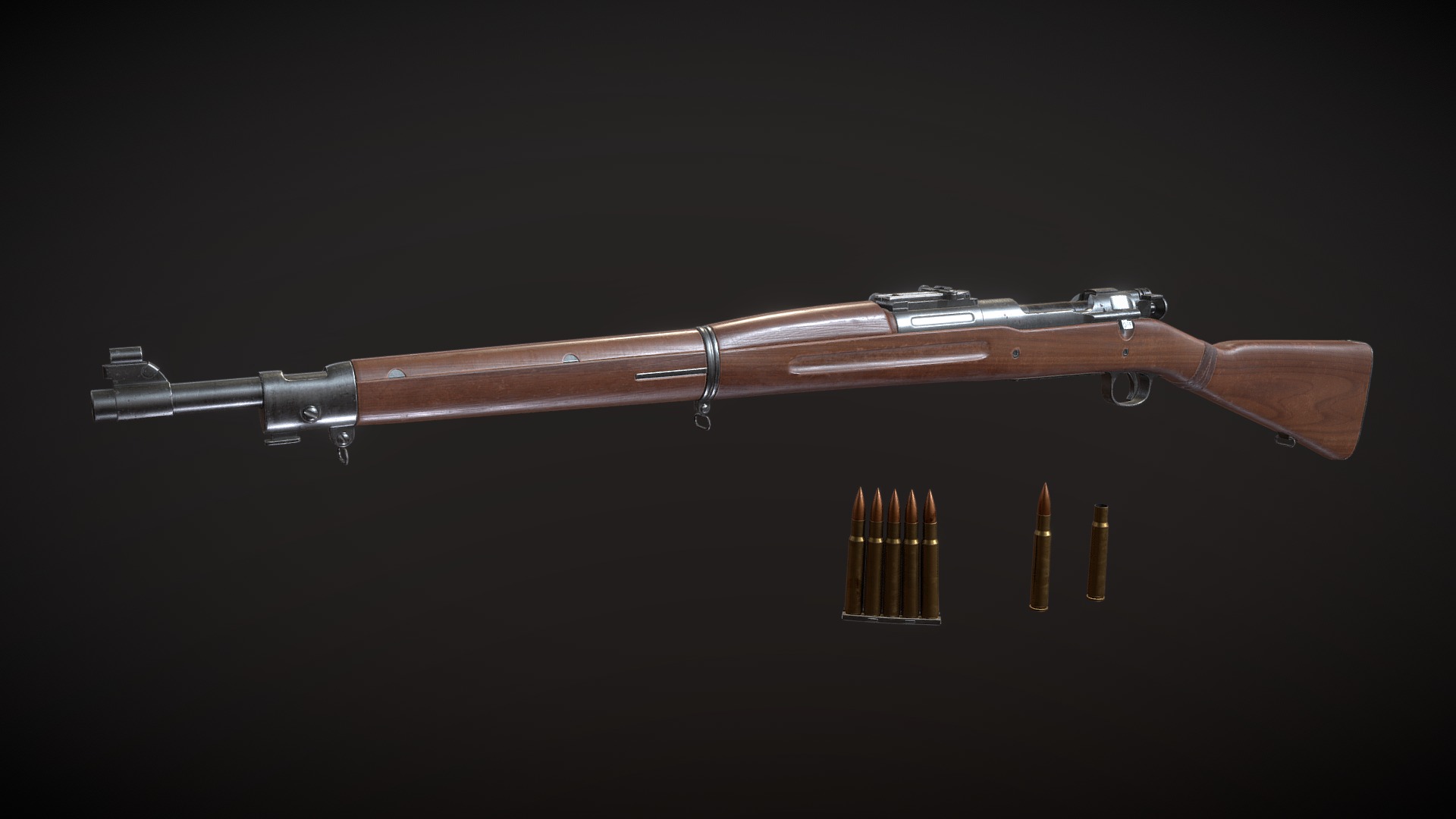 Low poly version of m1903 rifle (https://sketchfab.com/3d-models/m1903-springfield-high-poly-0c4cbacc076f49cda050bc8b6cb2b3a1)

Textures:
4k PBR metall/rough set for rifle
2k PBR metall/rough set for bullets - M1903 Gameready - 3D model by drbanana 3d model