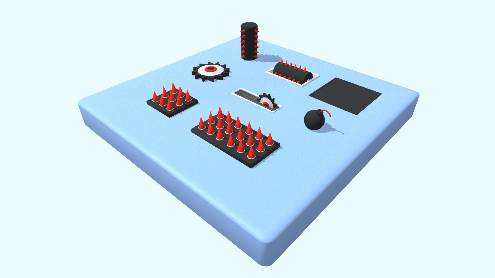 Low poly mobile game obstacles, modeled and colored in a cartoony style. Animations to showcase the use.
Triangles in order:
Spiral Obstacle Vertical  - 508
Spiral Obstacle Horizontal - 604
Ground Door - 244
Saw Rotating - 760
Saw Rotating Line - 870
Bomb - 556
Spikes 3x3 - 296
Spikes 3x6 - 558 - Low Poly Mobile Game Obstacles - Download Free 3D model by xvirei 3d model