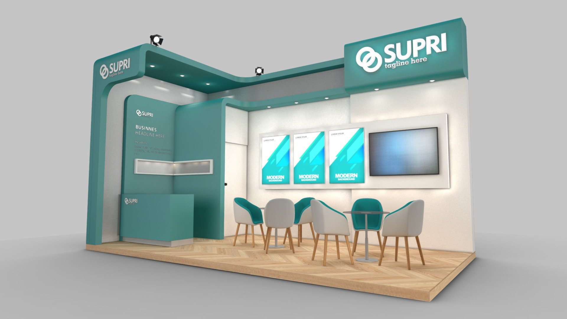 Exhibition stand ARY _ 3D model
18 sqm / 6x3m
max height: 380cm
Unit: cm

Furnishing:
* Information counter
* storage room
* dealing table set
* TV 42 inc
* shleves rack

Format:
1. Autodesk 3Ds max 2018 / V-ray 3.6 Render
2. Autodesk 3Ds max 2015 / Default scanline render
3. Obj format (2)
4. Fbx format (2) - EXHIBITION STAND ARY - Buy Royalty Free 3D model by fasih.lisan 3d model