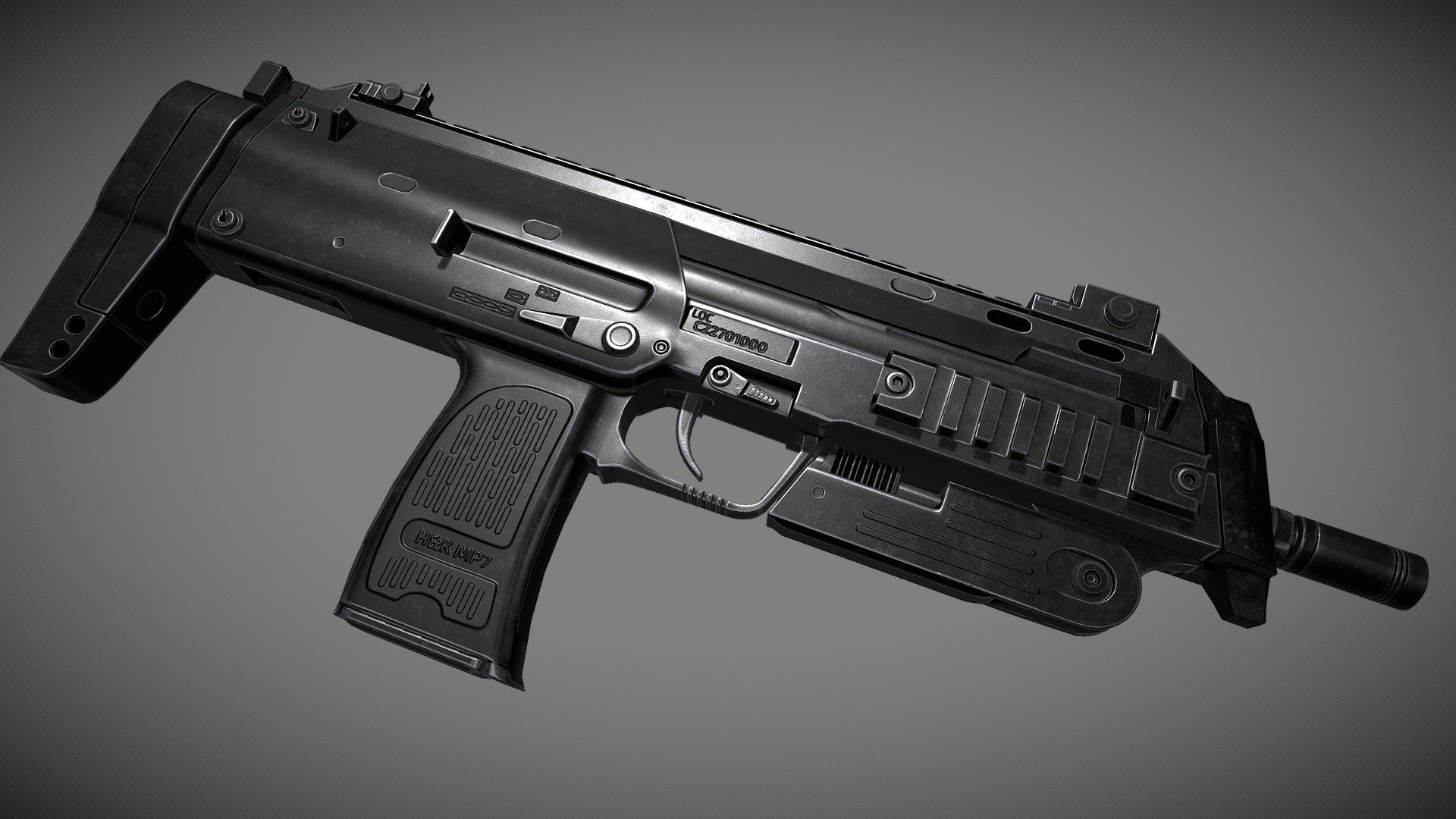 The Heckler &amp; Koch MP7 (Maschinenpistole 7) is a German personal defence weapon (PDW) designed and manufactured by Heckler &amp; Koch (H&amp;K) and chambered for the HK 4.6×30mm cartridge. It was designed with the new cartridge to meet NATO requirements published in 1989, as these requirements call for a personal defense weapon (PDW) class firearm, with a greater ability to penetrate body armor than current weapons limited to conventional pistol cartridges. The MP7 went into production in 2001.
More details: https://en.wikipedia.org/wiki/Heckler_%26_Koch_MP7

I think, gamers know this gun pretty good: it appears in Half-Life 2, Counter-Strike: Global Offensive, Hitman: Blood Money etc 3d model