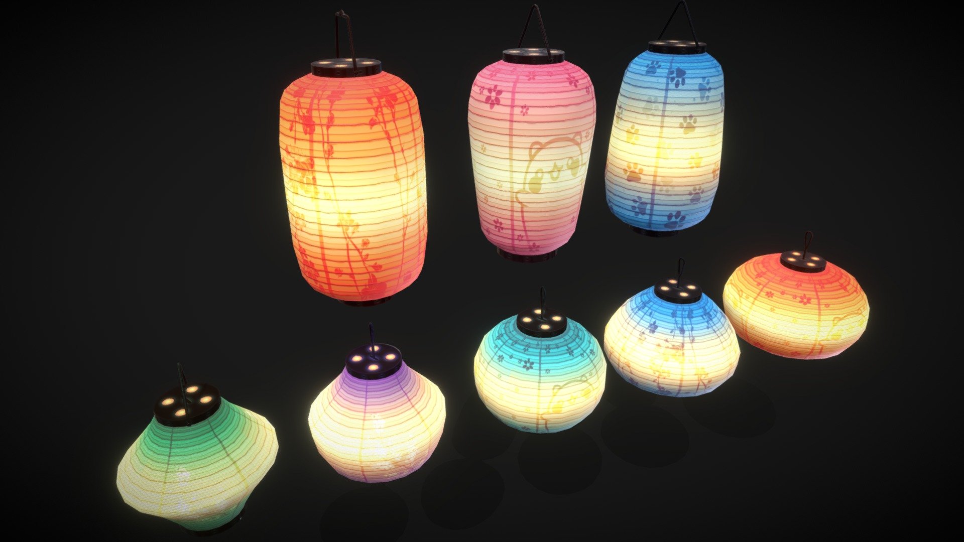 The lamps can be used with or without hangers.

You can use random animation or animation without.

No animation on the models shown here.



1 FBX pack

1 VRChat Unity Pack: -Udon -Unity 2019.4.31f1

1 Unity Pack: -C# -Unity 2020.3.42f1 or newer -BuiltIn/URP



30 pre-designed textures:


In the included PhotoShop file, you can easily create a new color scheme and add custom graphics.



FBX Contents:

1 Animaton

2 Random Anim script (c#/Udon)

5 types of hangers

8 types of paper lamp

30 textures - 1024px png

1 PSD



Unity Contents:

1 Random Anim script

1 Animation + prefab

1 Demo Scene

5 types of hangers

8 types of paper lamp

30 textures - 1024px png

30 material

8 prefab with animation

13 static Prefab

1 PSD


If you have any problems or need help with the package, drop me a line 3d model