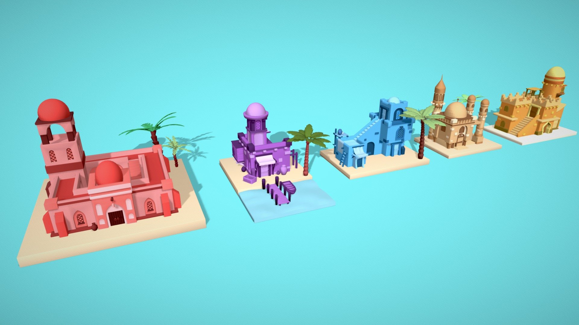 Modeled a pack of 5 Arabic Styled ancient building packs with a colorful theme.
In this pack, all the objects and buildings are originally modeled in a blender. This pack is suitable for games, rendering, or whatever you want.
The original zip contains the following files: Blend, Fbx, Obj, Glb

Buy and enjoy this low poly Arabic Ancient building pack and leave valuable comments below. Rate this product if you liked it. Thank you 3d model