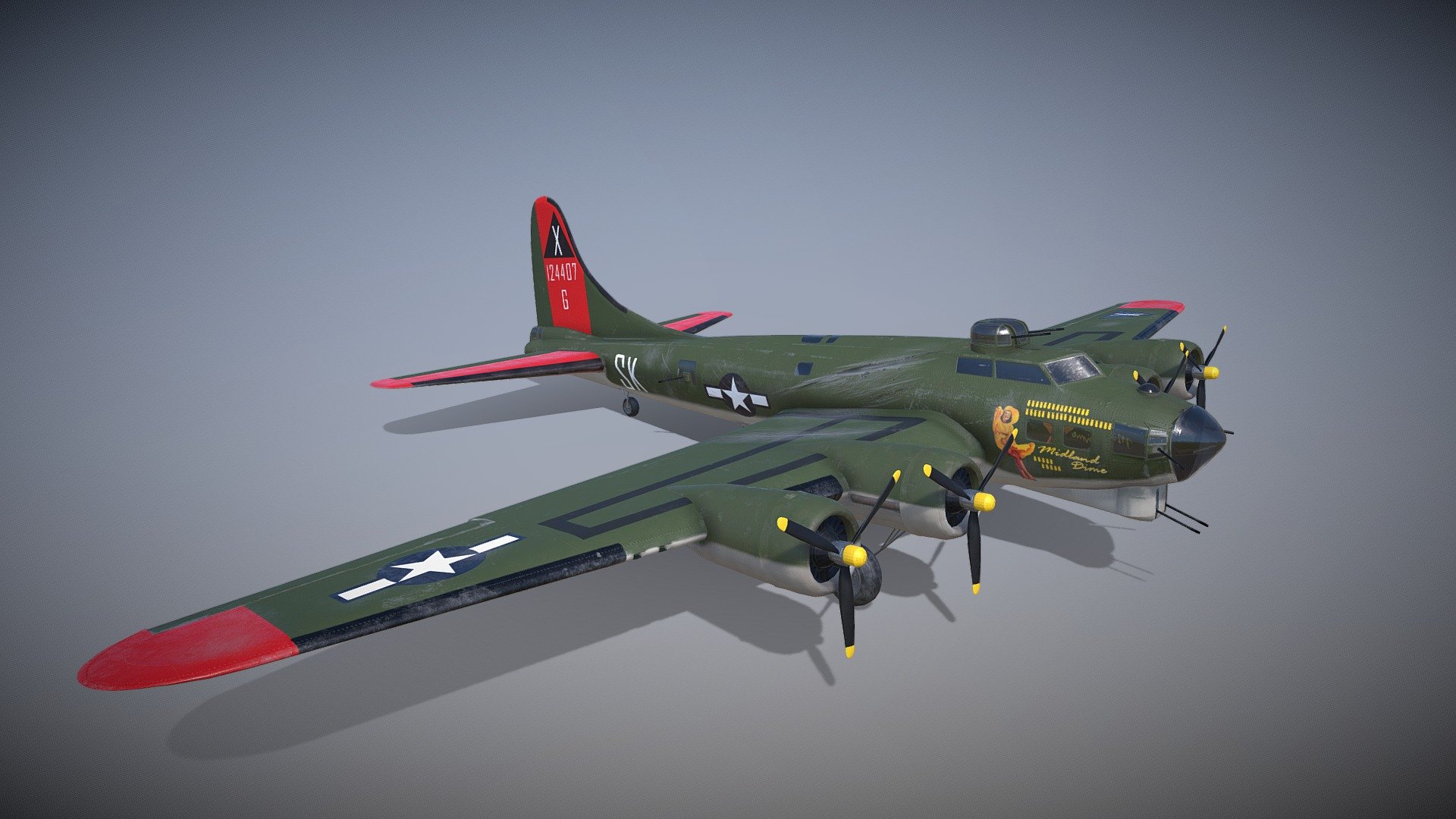 A B17 bomber from World War II, scarred and worn from numerous harrowing missions. Affectionately named &ldquo;Midland Dime