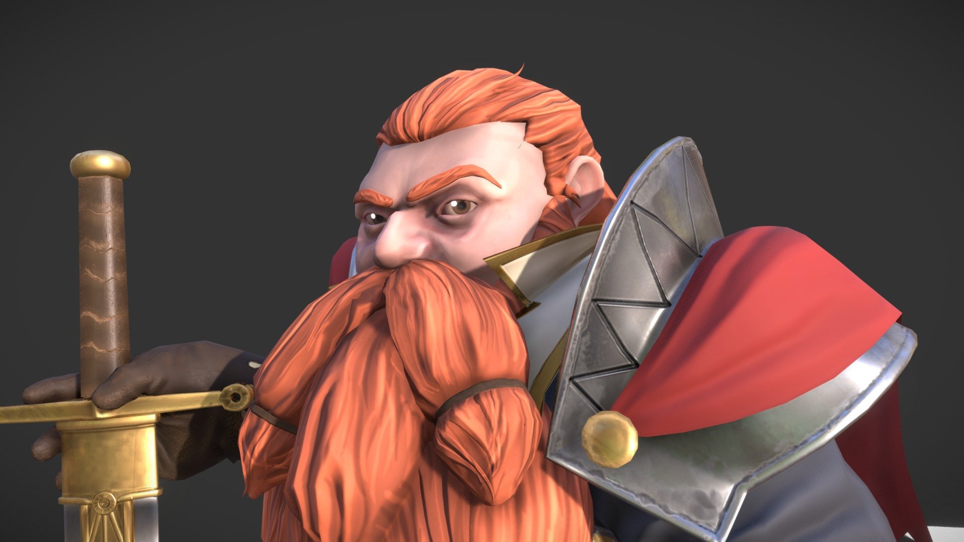 Trying a different style&hellip; I'm pretty happy with how it turned out
If anyone knows the original concept artist, please let me know so I can credit them.
Hope you like it.

Modelled in Blender, textured in Substance Painter, Rendered in Marmoset Toolbag
28,850 triangles
 - Head and Hair: 6,884
 - Body and Cape: 16,852
 - Sword 5,114 - Dwarf Warrior - 3D model by jasonrauwerda 3d model