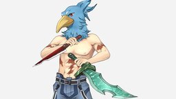 Sunraku anatomy, bird, boy, muscle, muscles, tattoo, gamer, frontier, weapon, game, man, male, anime, dagger, sfl, sunraku, shangri-la