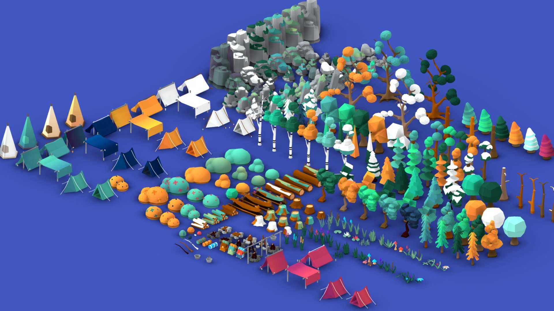Huge Asset pack containing 290 props for your low poly game .



Contents :
Trees ( Oak , Pine , Logs , stump , trunks , etc ) -Stones&amp;Rocks ( Normal stones , mossy , snowy , etc ) -Plants&amp;Flowers ( Lily-Pads , Random Flowers , Bellflowers , Grass , Mushrooms , Cattail ,etc ) -Camping Stuff ( Teepee , Survival tent , Snake Tent , Stick , Cooking Fire , Pot , Marshmellow , etc ) Game-Ready - All the models use a single texture that contains all the colors used.


Format : .fbx &amp; .obj

Note : I there are multiple color variations for the same object for example :

Pine : 1.Pine-Green -2.Pine-Dark-Green 3.Pine-Snowy 4.Pine-Red.5.Pine-Alpine Green . etc .

Same thing goes for Tents , stones ,bushes - Low Poly Nature Asset Pack - Buy Royalty Free 3D model by wildenza 3d model