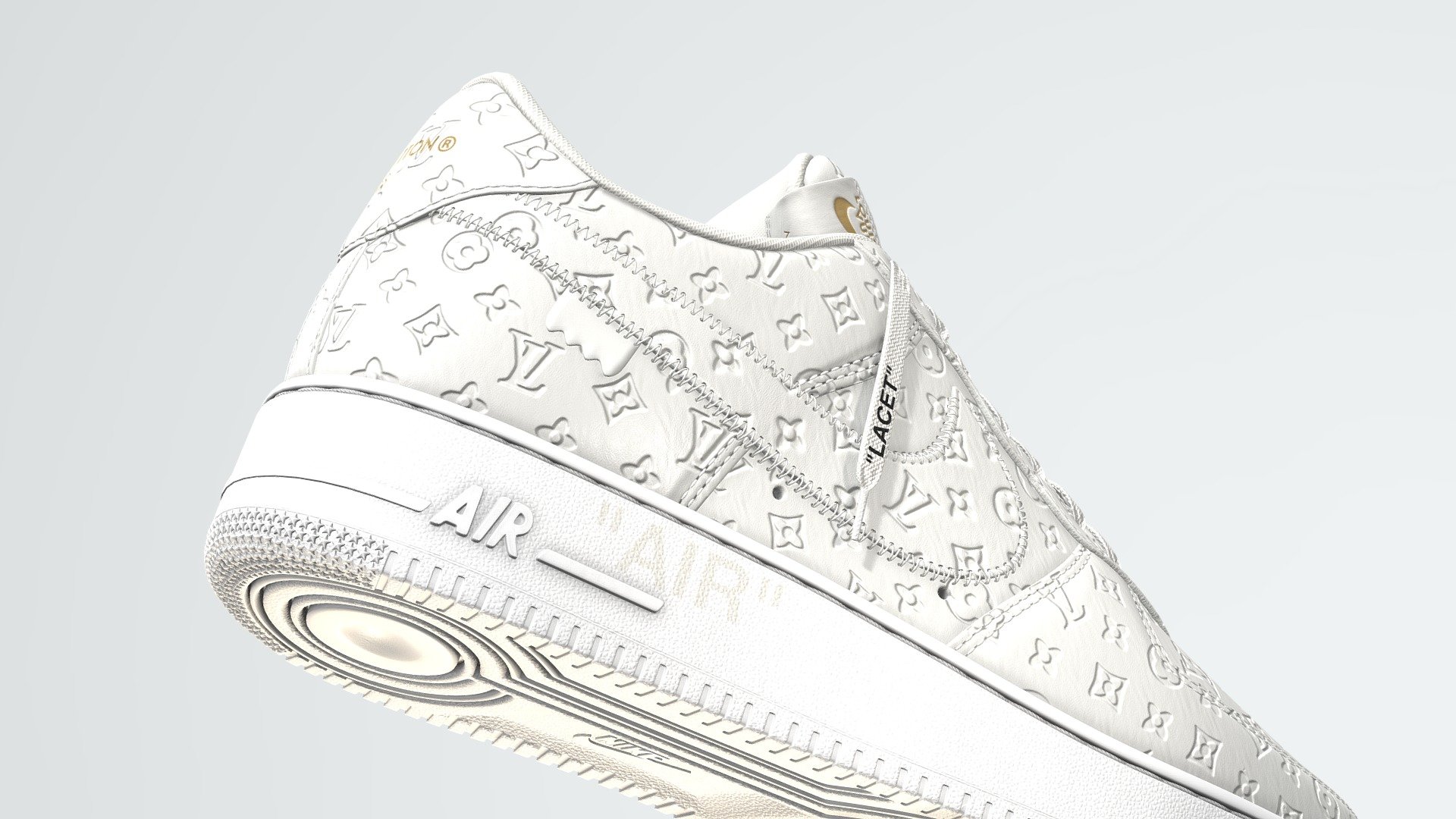 Available in this pack: ** https://skfb.ly/oFGqD

A classic Nike look taken to a new, high end fashion height with this collaboration. Monogram leather features throughout with the highlight of the shoe being its hand sewn swoosh. 

The shoe displayed here has been subdivided once, as have the obj and fbx files. The blender file will allow you change this detail, and also has the added details of stitches and the stars on the sole as seperate objects so they can be removed if desired (though the shoe looks best with them).

There are four texture sets for each shoe with the maps being Base Color, Metallic, Roughness, Normal, Opacity (through the alpha channel of the base color). These maps are at a resolution of 4096x4096 in png

This subdivided version has 555,441 polys, with the unsubdivided coming in at 145,946. An optimised version is included, which uses just one texture set and has 15,749 polys - Air Force 1 Louis Vuitton x Virgil Abloh White - Buy Royalty Free 3D model by Joe-Wall (@joewall) 3d model