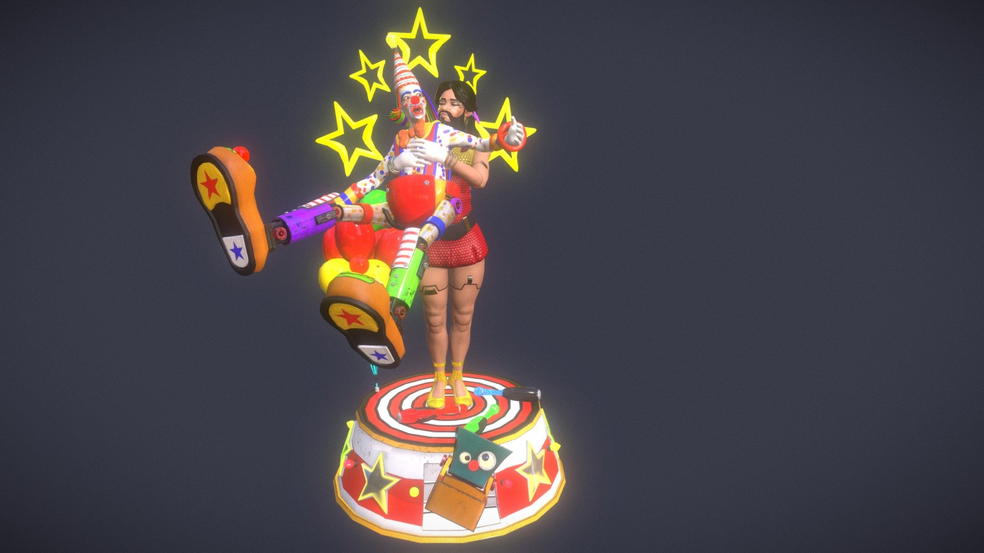 A beautiful and funny scene of a couple formed by a clumsy clown and a young and passionate bearded woman in a circus in the distant future. In this project, I created a sculpture in zbrush, retopology and uv map i did in maya, the mesh projection and polygon reduction i did in zbrush to avoid using the normal map and finally, the textures that made the substance painter :) - Love at first sight (Sci-Fi Circus Challenge) - 3D model by LeonardoDesigner 3d model