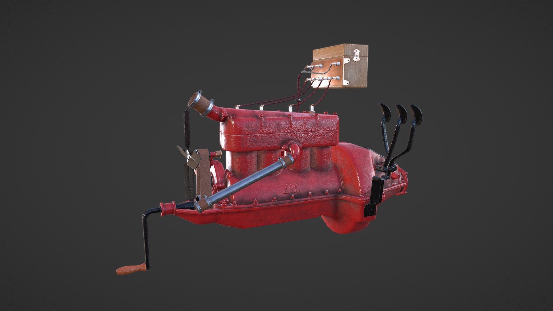 The Ford Model T used a 177 cu in (2.9 L) sidevalve, reverse-flow cylinder head inline 4-cylinder engine. It was primarily a gasoline engine. It produced 20 hp (14.9 kW) for a top speed of 45 mph (72 km/h). It was built in-unit with the Model T's novel transmission (a planetary design), sharing the same lubricating oil.

The T engine was known for its simplicity, reliability, and economy. The engine remained in production for many years, and millions of units were produced. The engine design's lifespan exceeded that of the Model T vehicle itself, with industrial, marine, and military applications extending its production run. The T engine is on the Ward's 10 Best Engines of the 20th Century list 3d model