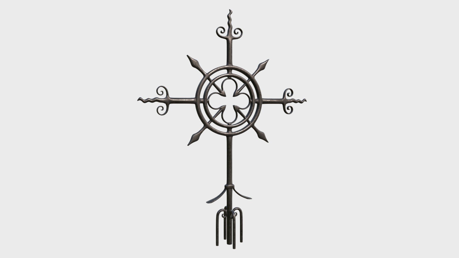 === The following description refers to the additional ZIP package provided with this model ===

Cast iron Christian Cross 3D Model, seen on top of a church. Production-ready 3D Model, with PBR materials, textures, non overlapping UV Layout map provided in the package.

Quads only geometries (no tris/ngons).

Formats included: FBX, OBJ; scenes: BLEND (with Cycles / Eevee PBR Materials and Textures); other: 16-bit PNGs with Alpha.

1 Object (mesh), 1 PBR Material, UV unwrapped (non overlapping UV Layout map provided in the package); UV-mapped Textures.

UV Layout maps and Image Textures resolutions: 2048x2048; PBR Textures made with Substance Painter.

Polygonal, QUADS ONLY (no tris/ngons); 17209 vertices, 17233 quad faces (34466 tris).

Real world dimensions; scene scale units: cm in Blender 3.3 (that is: Metric with 0.01 scale).

Uniform scale object (scale applied in Blender 3.3) 3d model