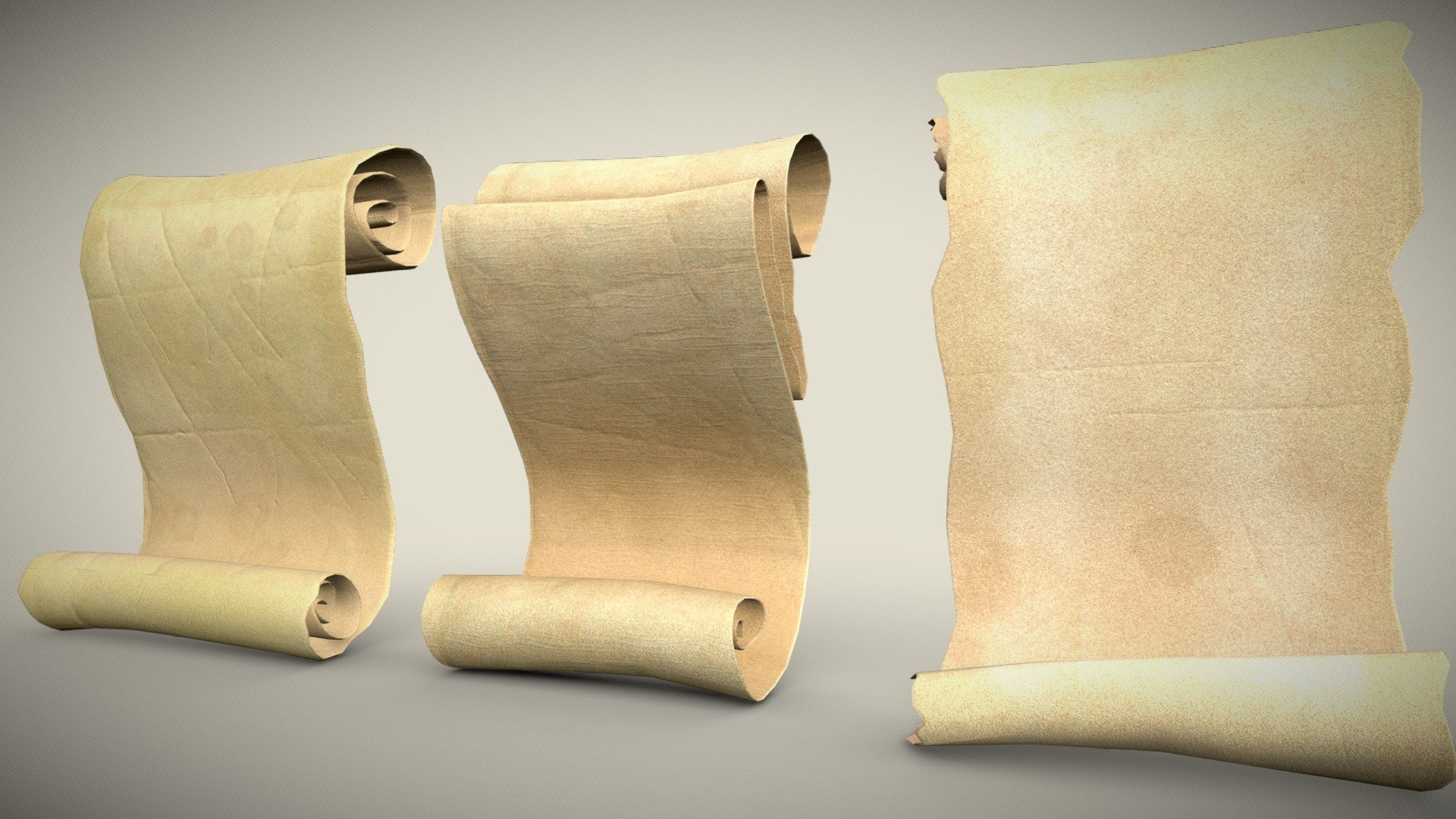 Set of three papyrus scrolls PBR low-poly game ready 
1 papyrus
Polygons 1456 
Vertices 1458 
2 papyrus
Polygons 1120 
Vertices 1122 
3 papyrus
Polygons 1000 
Vertices 1002 - Set of three papyrus scrolls Low-poly 3D mod - Buy Royalty Free 3D model by Svetlana07 3d model