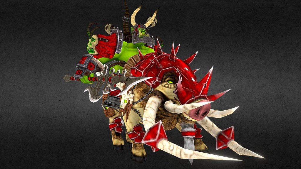 Hello Sketchfab!

Finally back!

While working on other 3d projects, I have decided to put new model up here and try also animation. :)

This is my first quadruped character animated. :) 

About character:

Modeled and animated in Blender.

Textured in 3d Coat, Blender and Photoshop.

Rigged Orc: Yes

Rigged Boar: Yes

Custom Shape Keys: Yes

Faces/Polygons: 12,155

Orc: 1.888 polygons, 1x texture 1024 resolution.

Boar: 4450 polygons, 1x texture 1024 resolution.

Orc Armor:

Helm: 520 polys, 1x  512 texture res.

Back: 484 polys, 1x  512 texture resolution.

Skull x 2: 147 polys, 1x  512 texture res.

Shoulders x 2: 422 polys, 1x 512 texture res.

Belt: 194 polys, 1x  512 texture resolution.

Glove x 2: 344 polys, 1x 512 texture res.

Gloves Armor x 2: 194  polys, 1x  512 texture res.

Pants: 136 polys, 1x 512 texture res.

Knee Armor x 2: 126 polys, 1x 512 texture res.

Boot x 2: 280 polys, 1x 512 texture res.

Polearm: 806 polys, 1x 1024 texture res.

C&amp;C are welcome.

I hope you all enjoy! - Orc Boar Rider - 3D model by FlashGitz (@orkork) 3d model